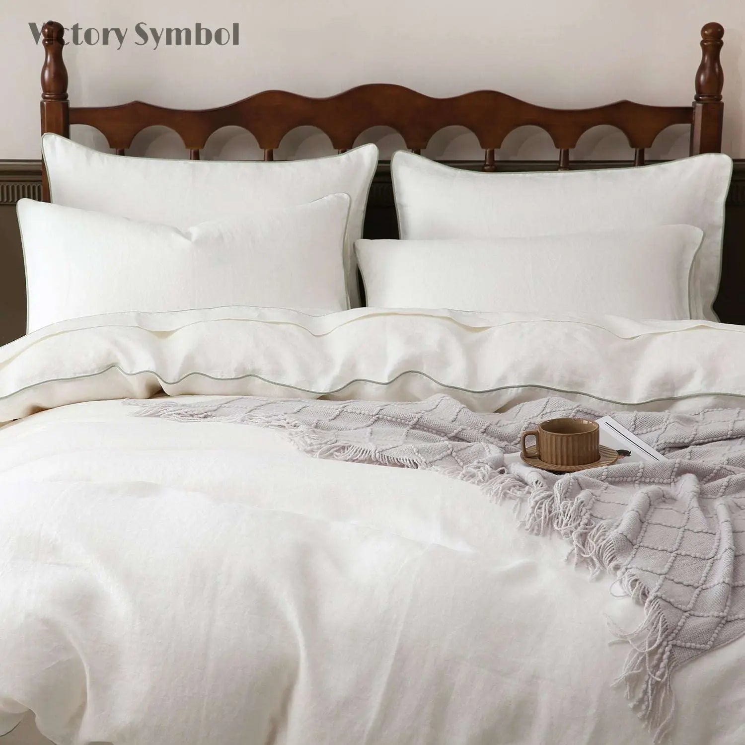 Creamy White With Mint Green Piping 100% Organic Linen Duvet Cover Set - Victory Symbol