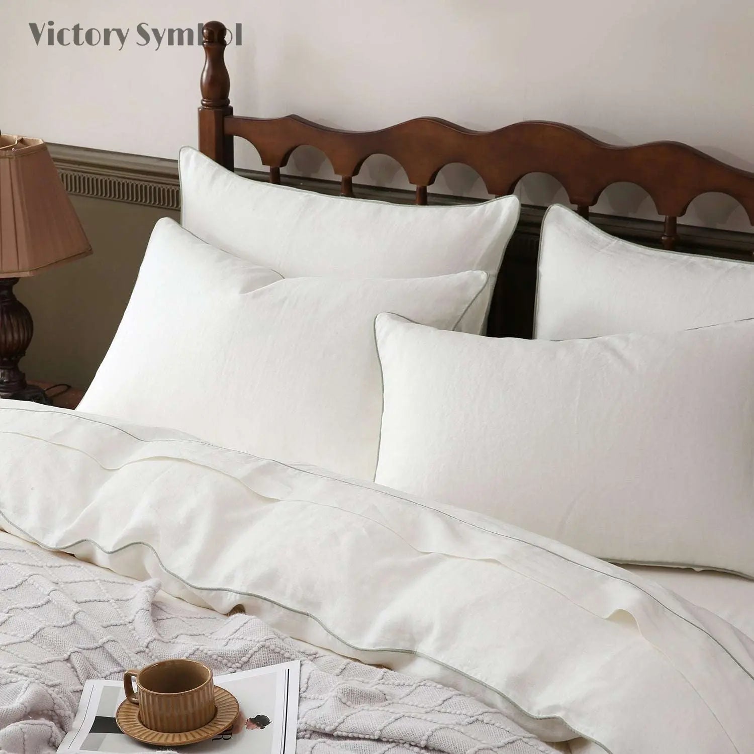 Creamy White With Mint Green Piping 100% Organic Linen Duvet Cover Set - Victory Symbol