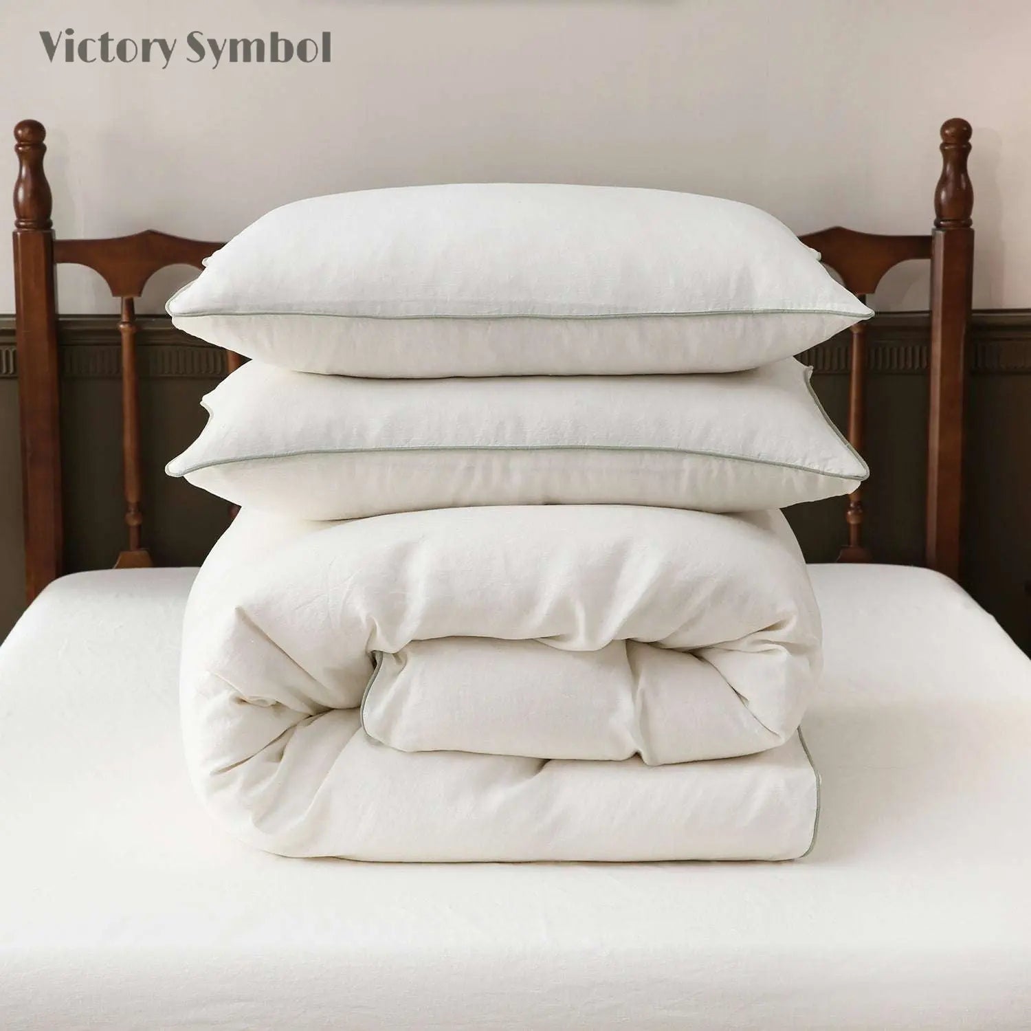 Creamy White With Mint Green Piping 100% Organic Linen Duvet Cover Set - Victory Symbol