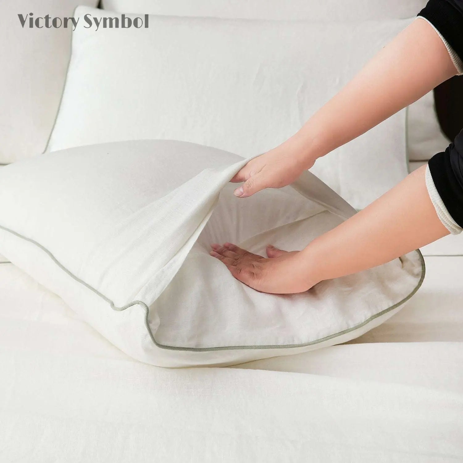 Creamy White With Mint Green Piping 100% Organic Linen Duvet Cover Set - Victory Symbol