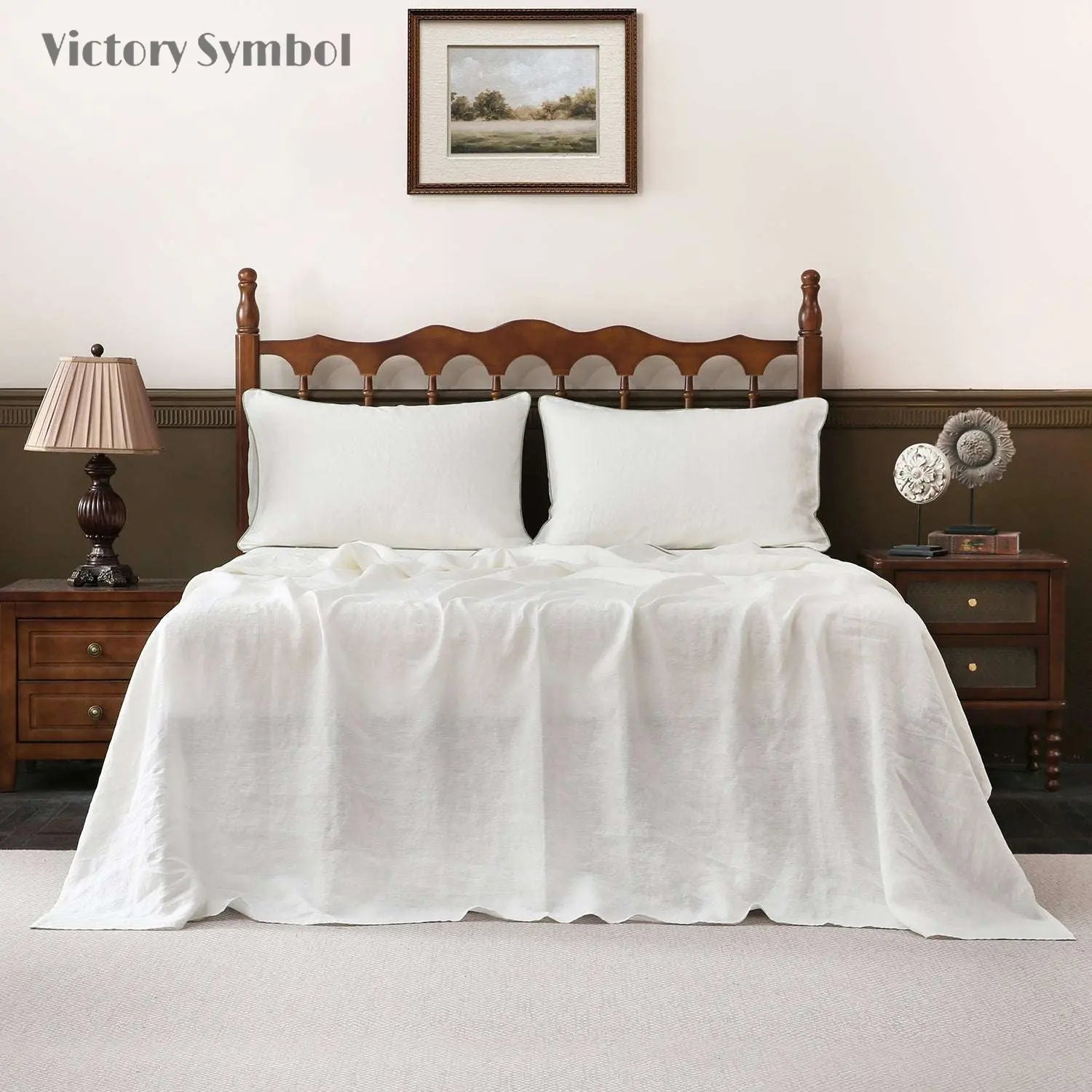 Creamy White With Mint Green Piping 100% Organic Linen Sheets Set - Victory Symbol