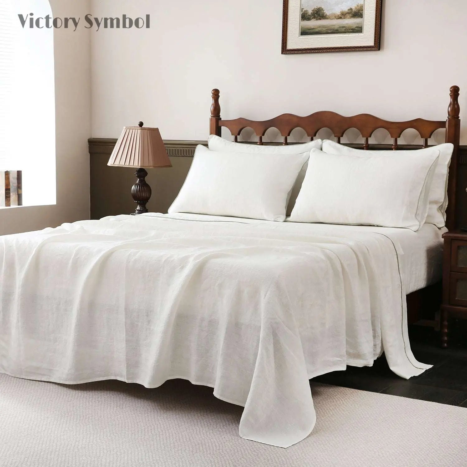 Creamy White With Mint Green Piping 100% Organic Linen Sheets Set - Victory Symbol