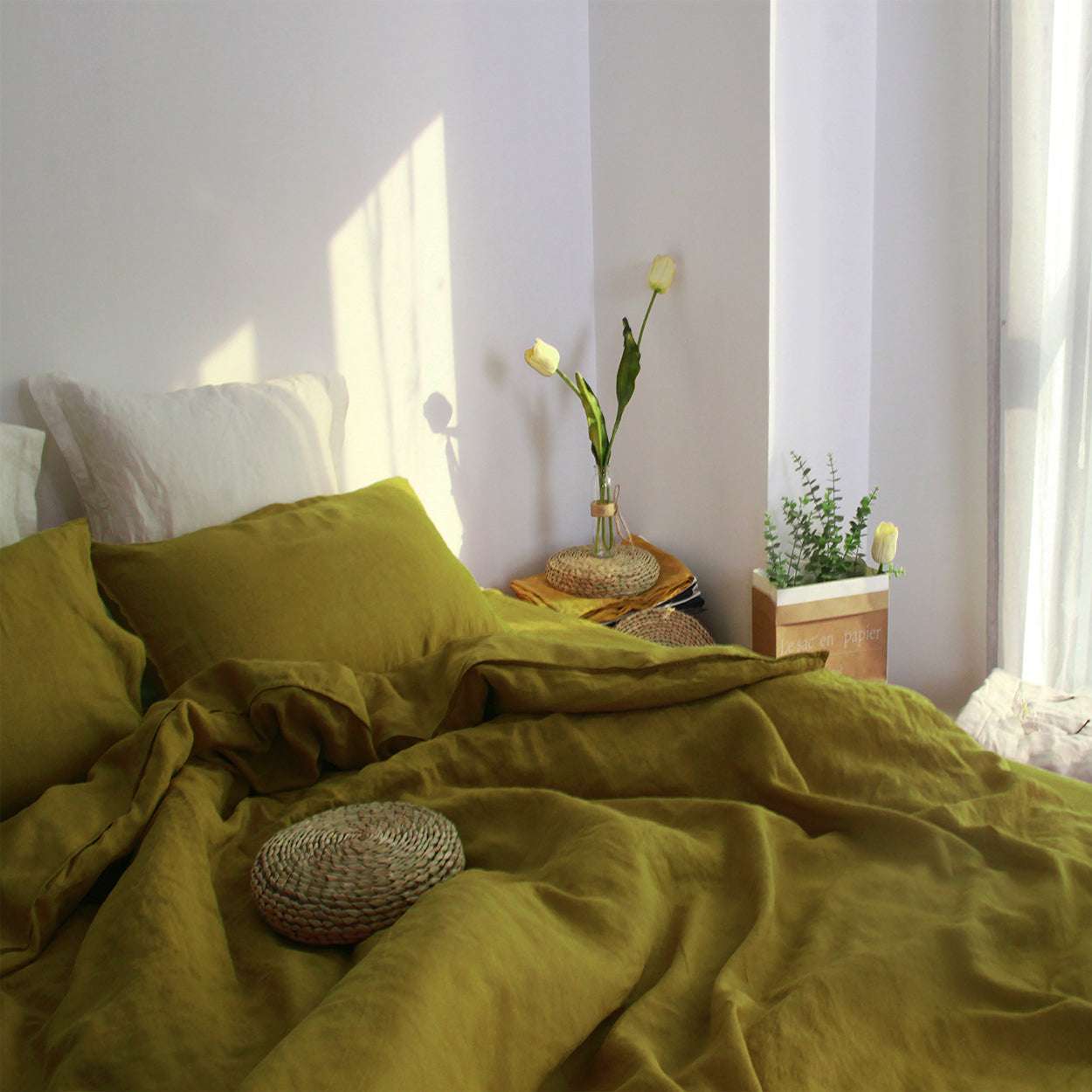 Dark Olive Green 100% Organic Linen Duvet Cover Set-victory symbol
