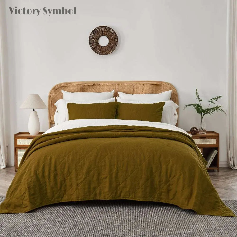 Dark Olive Green 100% Organic Linen Quilt Set - Victory Symbol