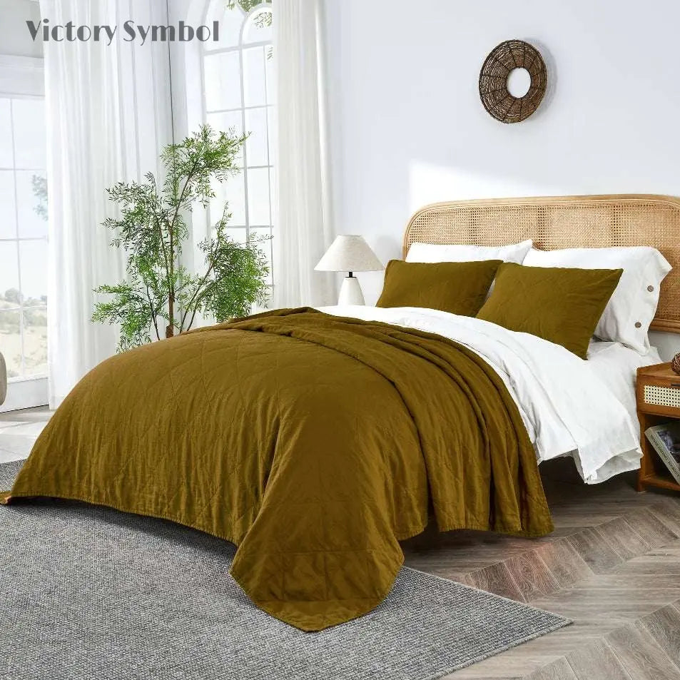 Dark Olive Green 100% Organic Linen Quilt Set - Victory Symbol