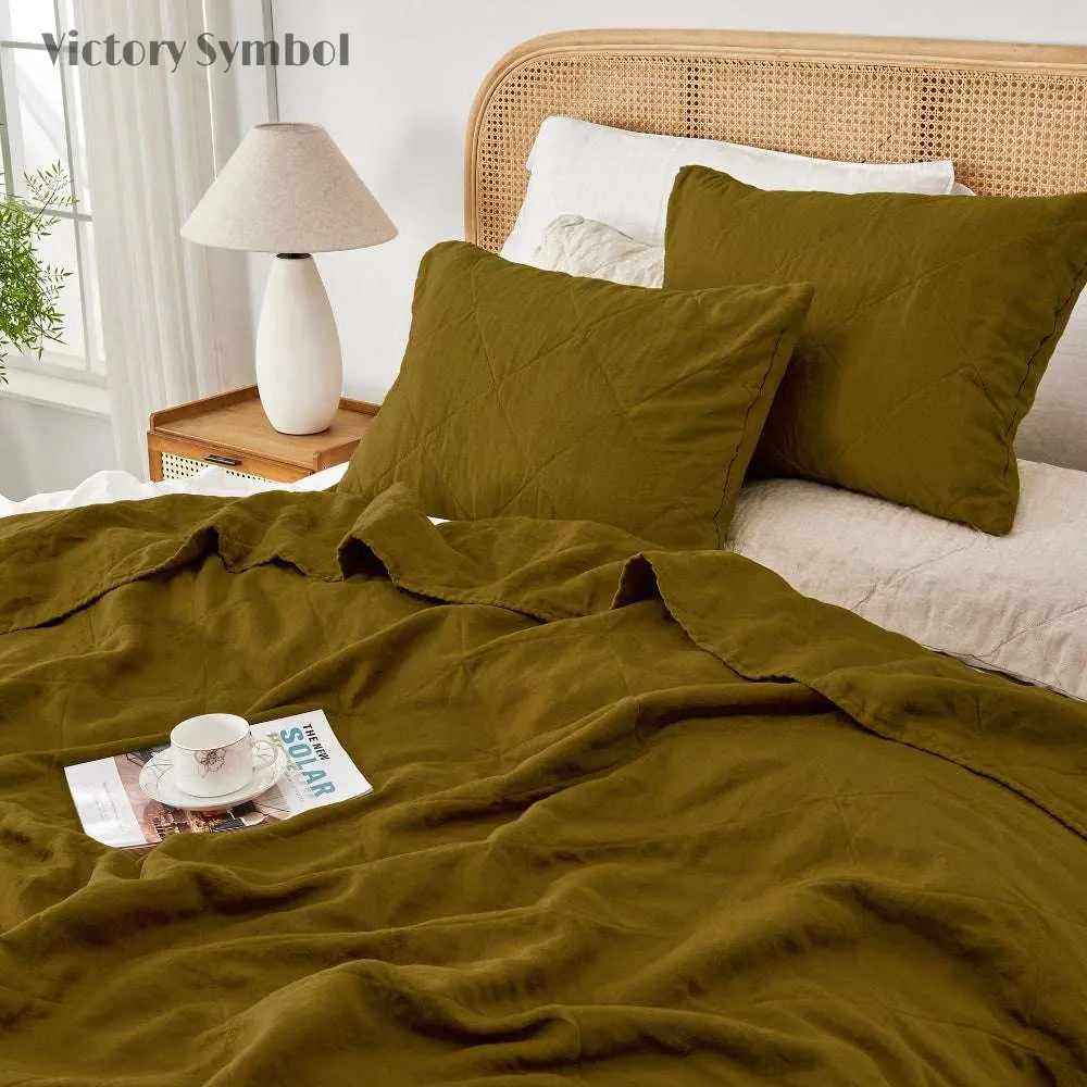 Dark Olive Green 100% Organic Linen Quilt Set - Victory Symbol