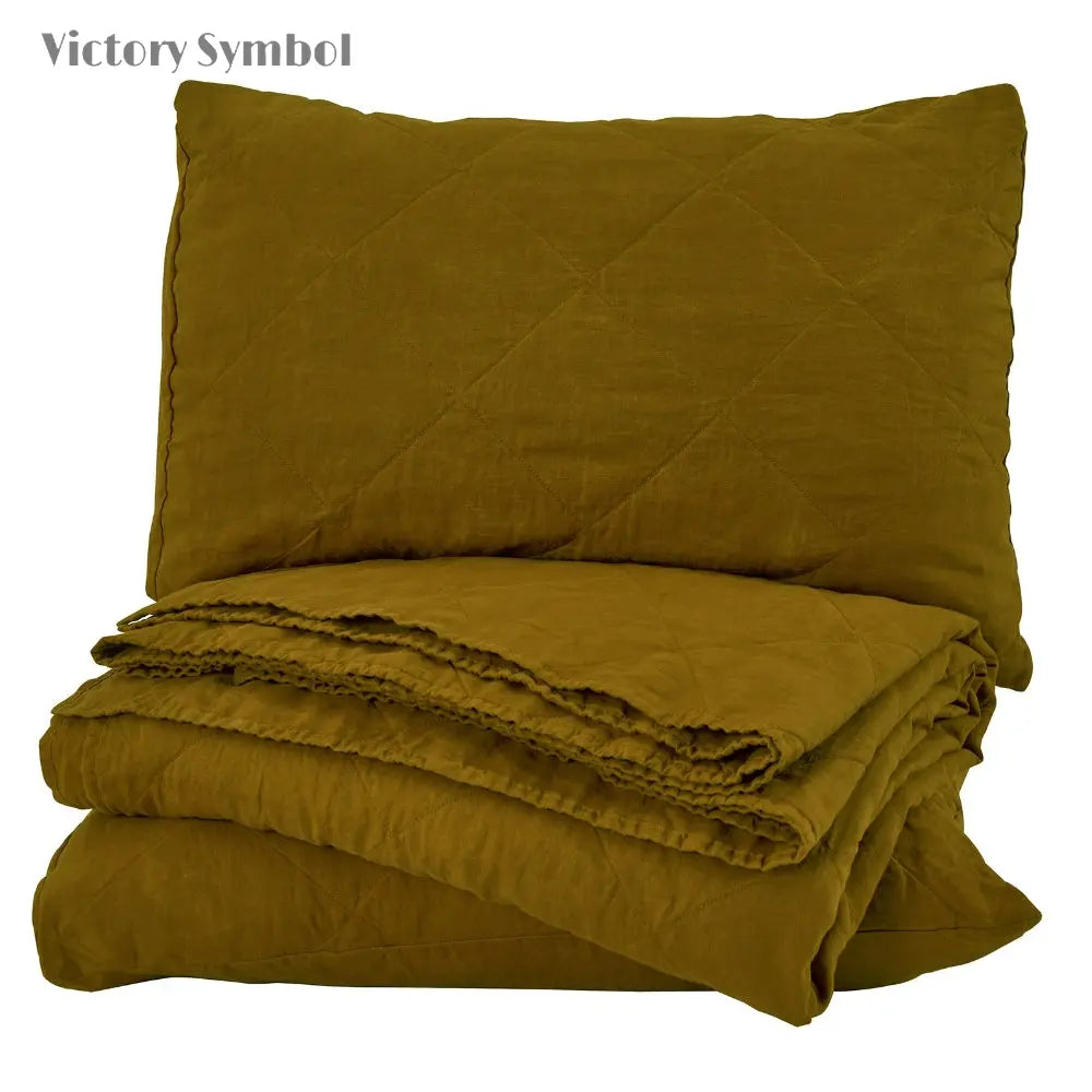 Dark Olive Green 100% Organic Linen Quilt Set - Victory Symbol