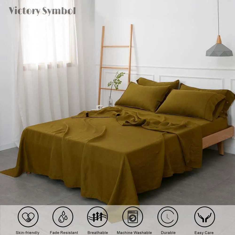 Dark Olive Green 100% Organic Linen Sheets Set - Victory Symbol