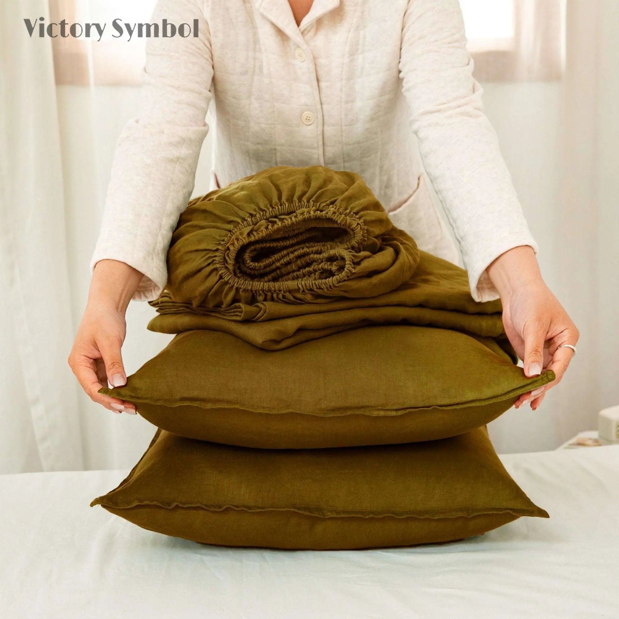Dark Olive Green 100% Organic Linen Sheets Set-victory symbol