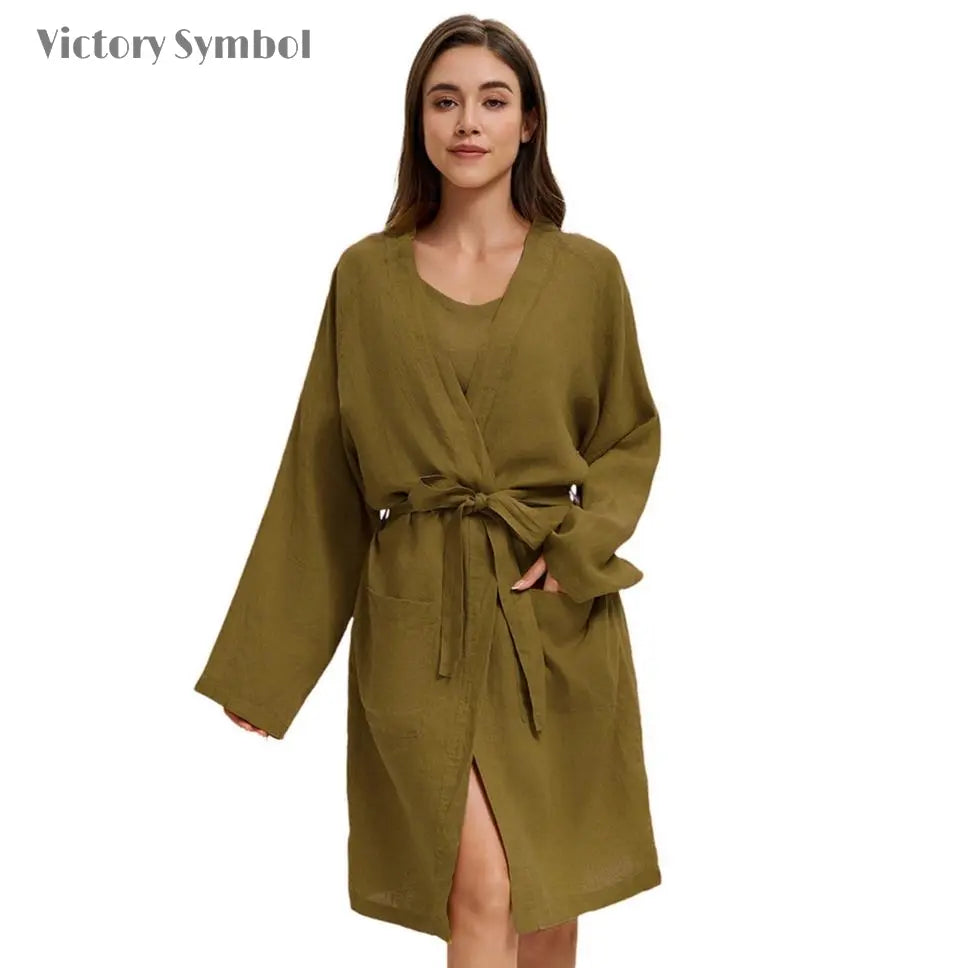 Dark Olive Green 100% Organic Linen Women's V - Neck Robes - Victory Symbol