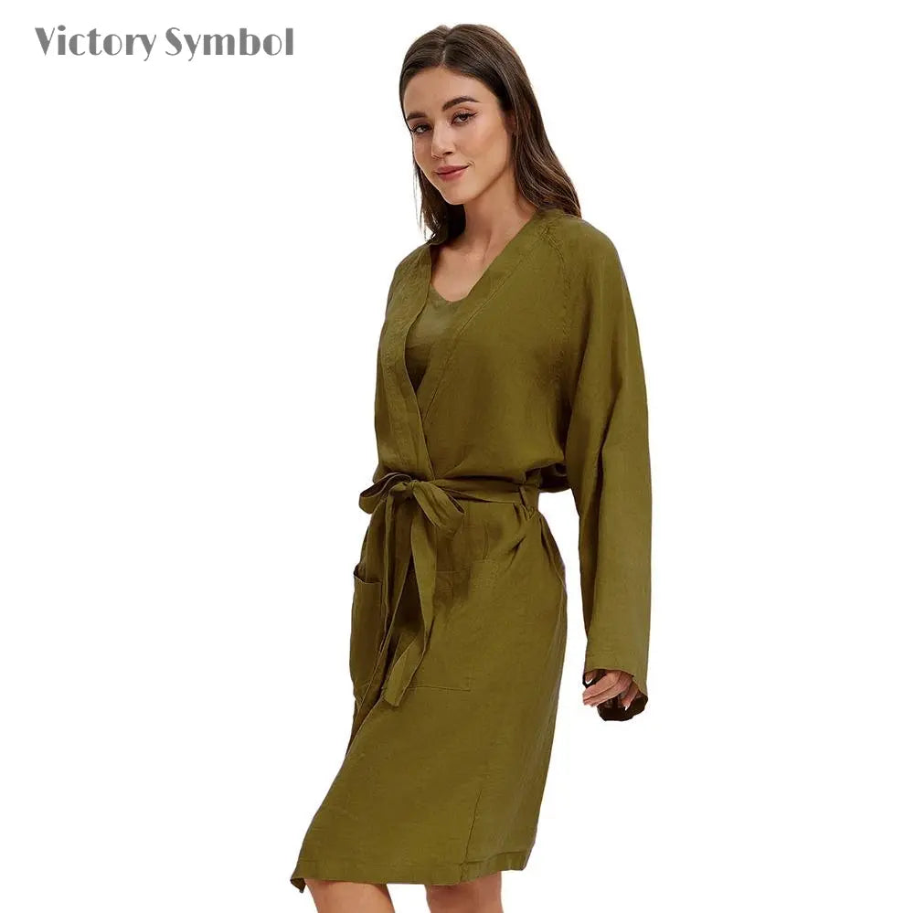 Dark Olive Green 100% Organic Linen Women's V - Neck Robes - Victory Symbol