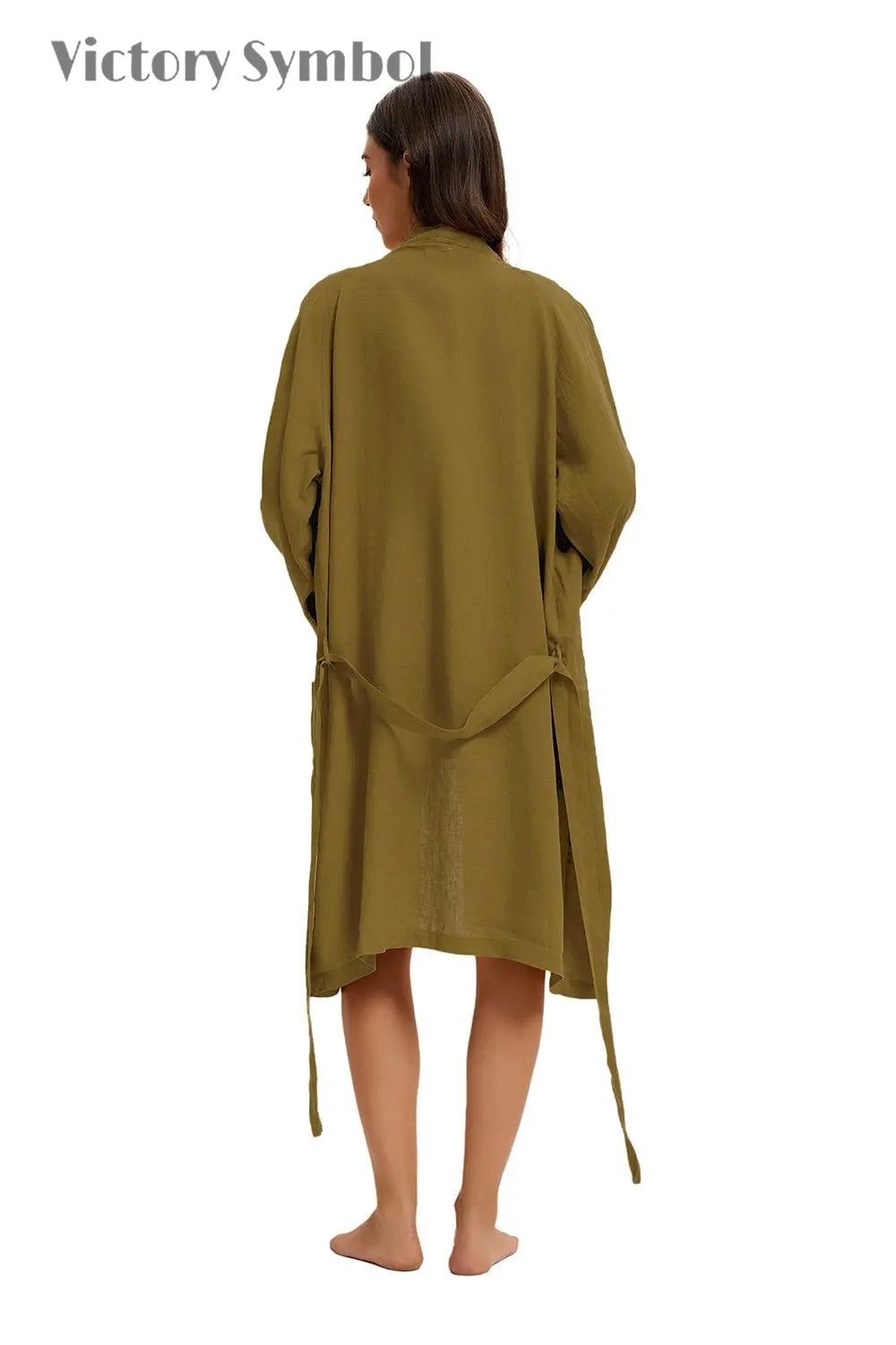 Dark Olive Green 100% Organic Linen Women's V - Neck Robes - Victory Symbol