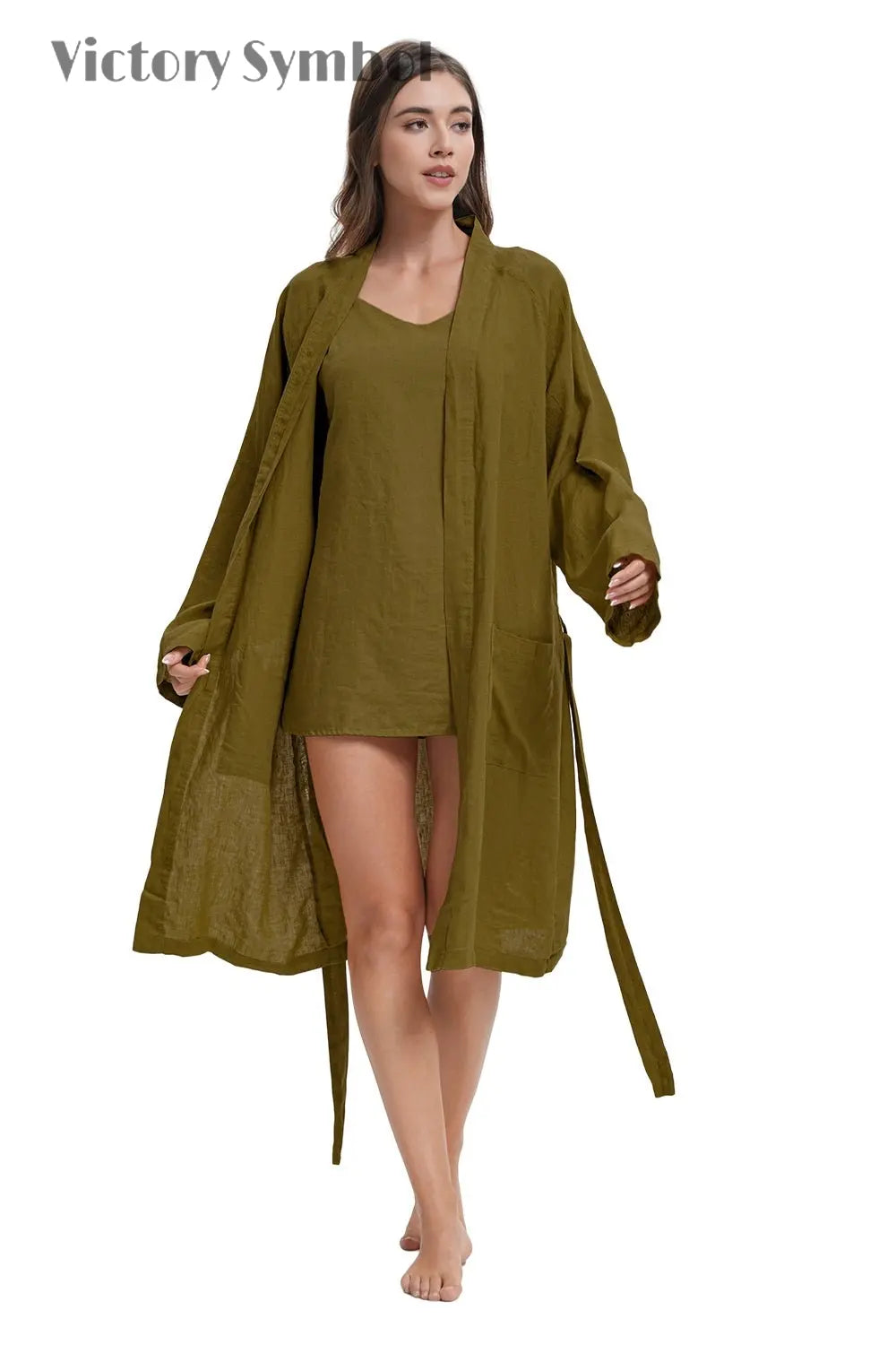 Dark Olive Green 100% Organic Linen Women's V - Neck Robes - Victory Symbol