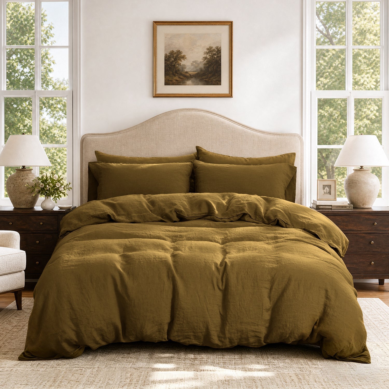 Dark Olive Green 100% Organic Linen Duvet Cover Set-Victory Symbol