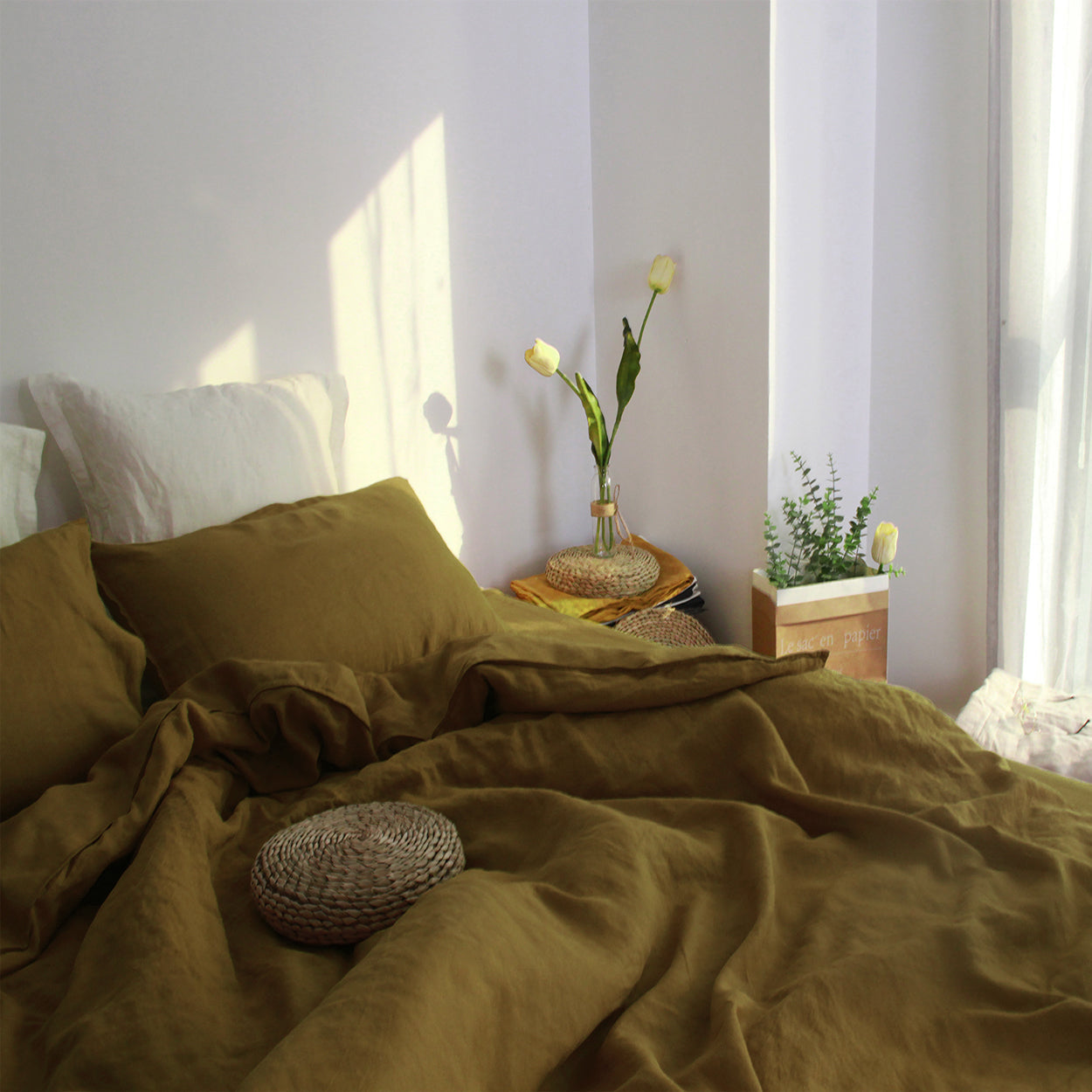 Dark Olive Green 100% Organic Linen Duvet Cover Set-Victory Symbol