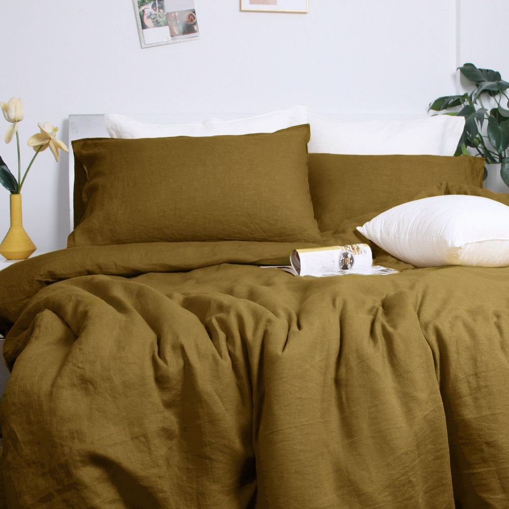 Dark Olive Green 100% Organic Linen Duvet Cover Set-Victory Symbol