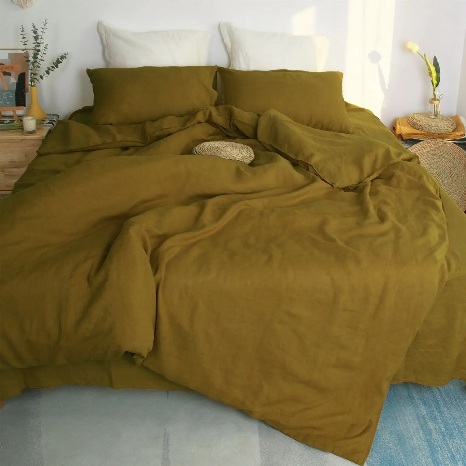 Dark Olive Green 100% Organic Linen Duvet Cover Set-victory symbol