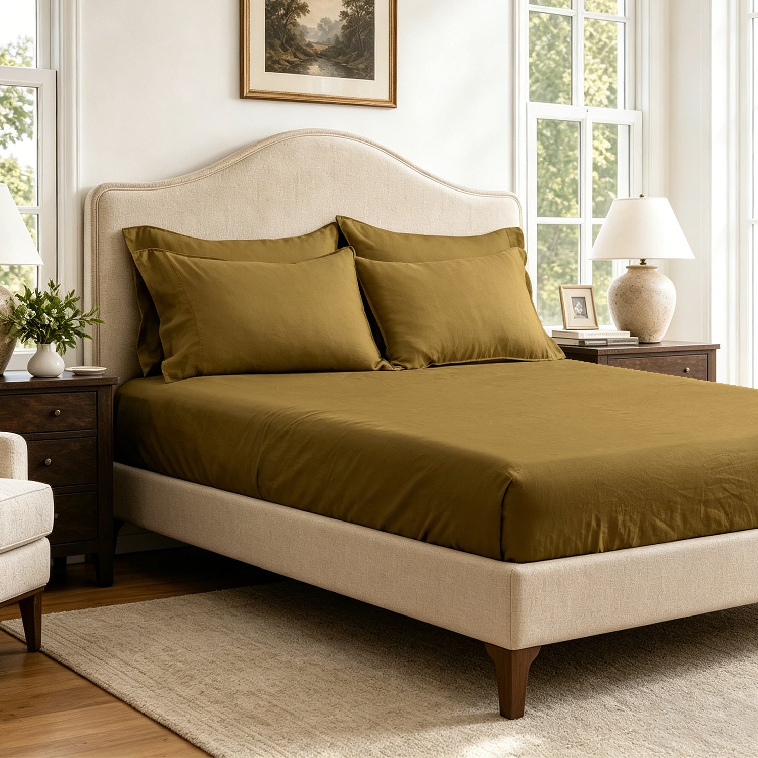 Dark Olive Green 100% Organic Linen Fitted Sheet-Victory Symbol