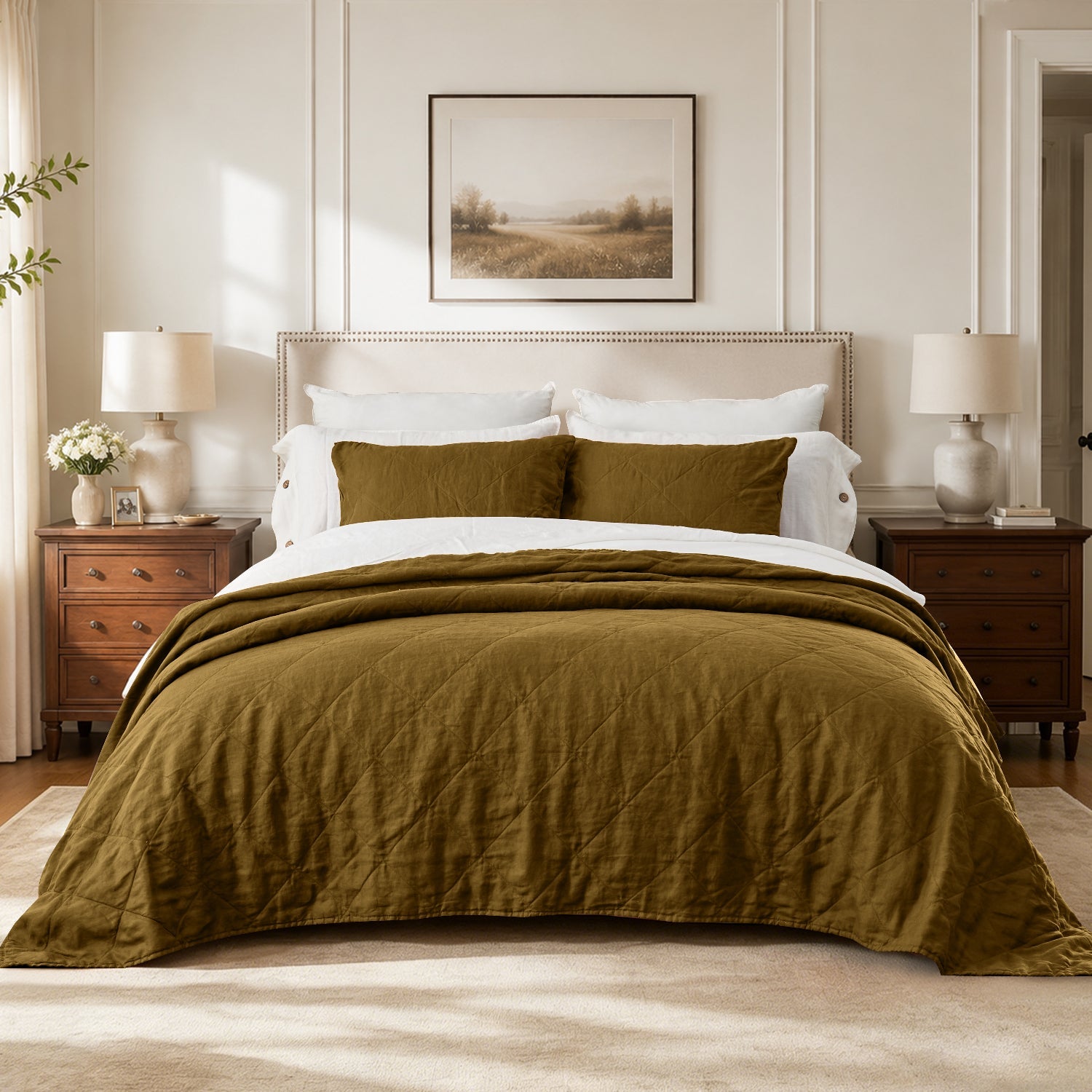 Dark Olive Green 100% Organic Linen Quilt Set-Victory Symbol