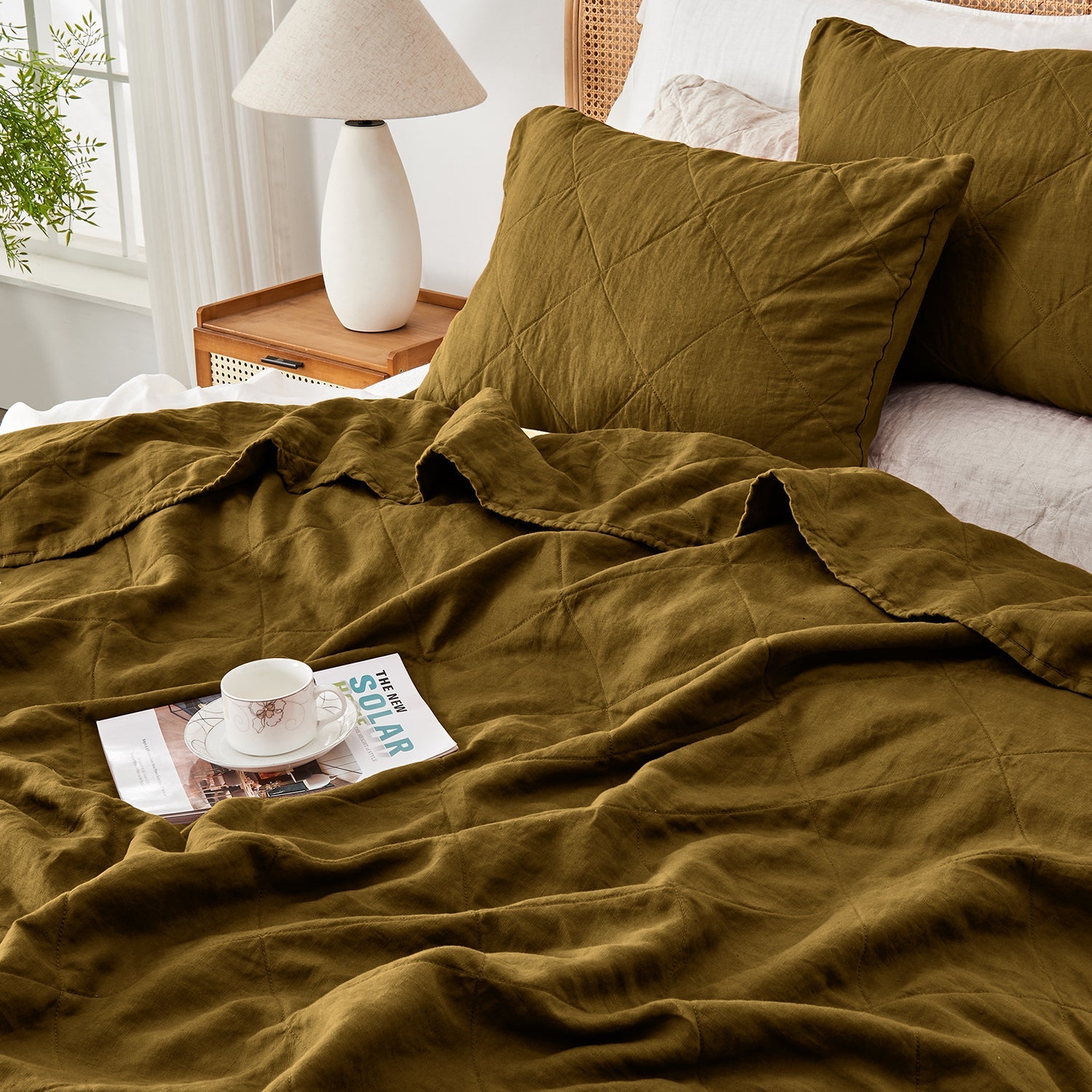 Dark Olive Green 100% Organic Linen Quilt Set-Victory Symbol