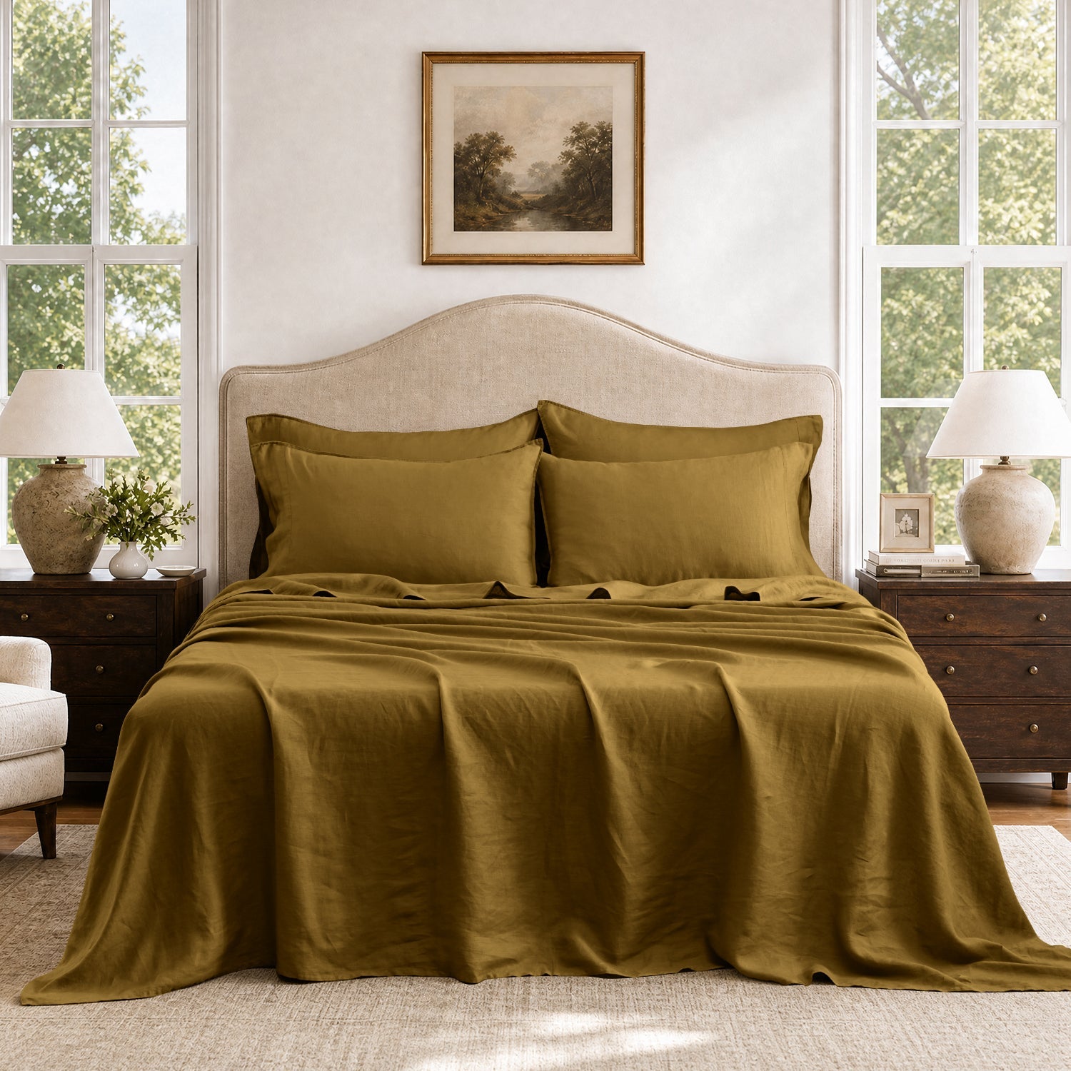 Dark Olive Green 100% Organic Linen Sheets Set-Victory Symbol