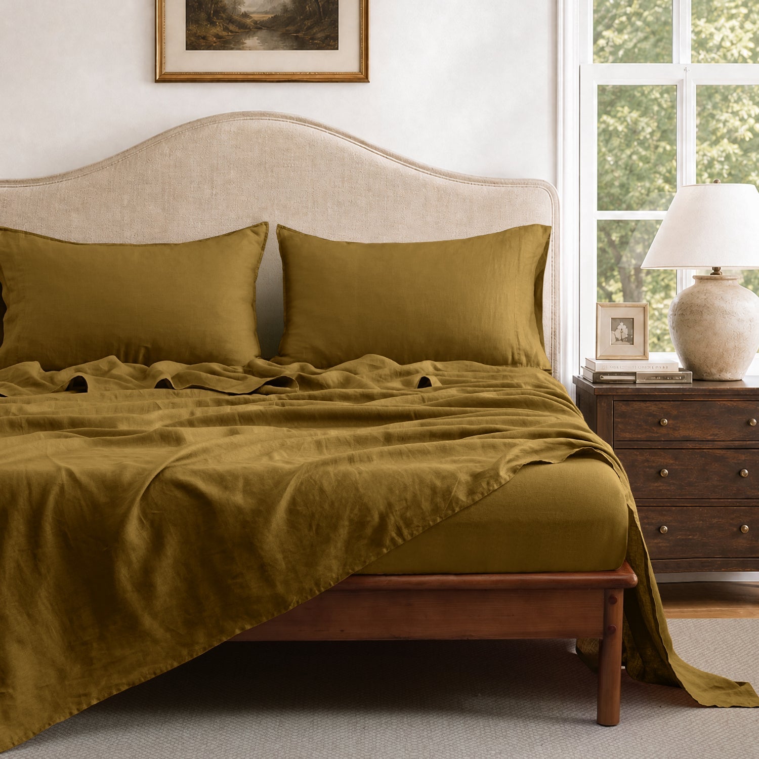Dark Olive Green 100% Organic Linen Sheets Set-Victory Symbol