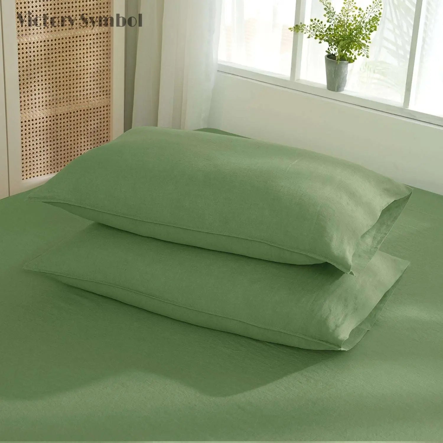 Forest Green 100% Organic Linen Pillowcases - Victory Symbol