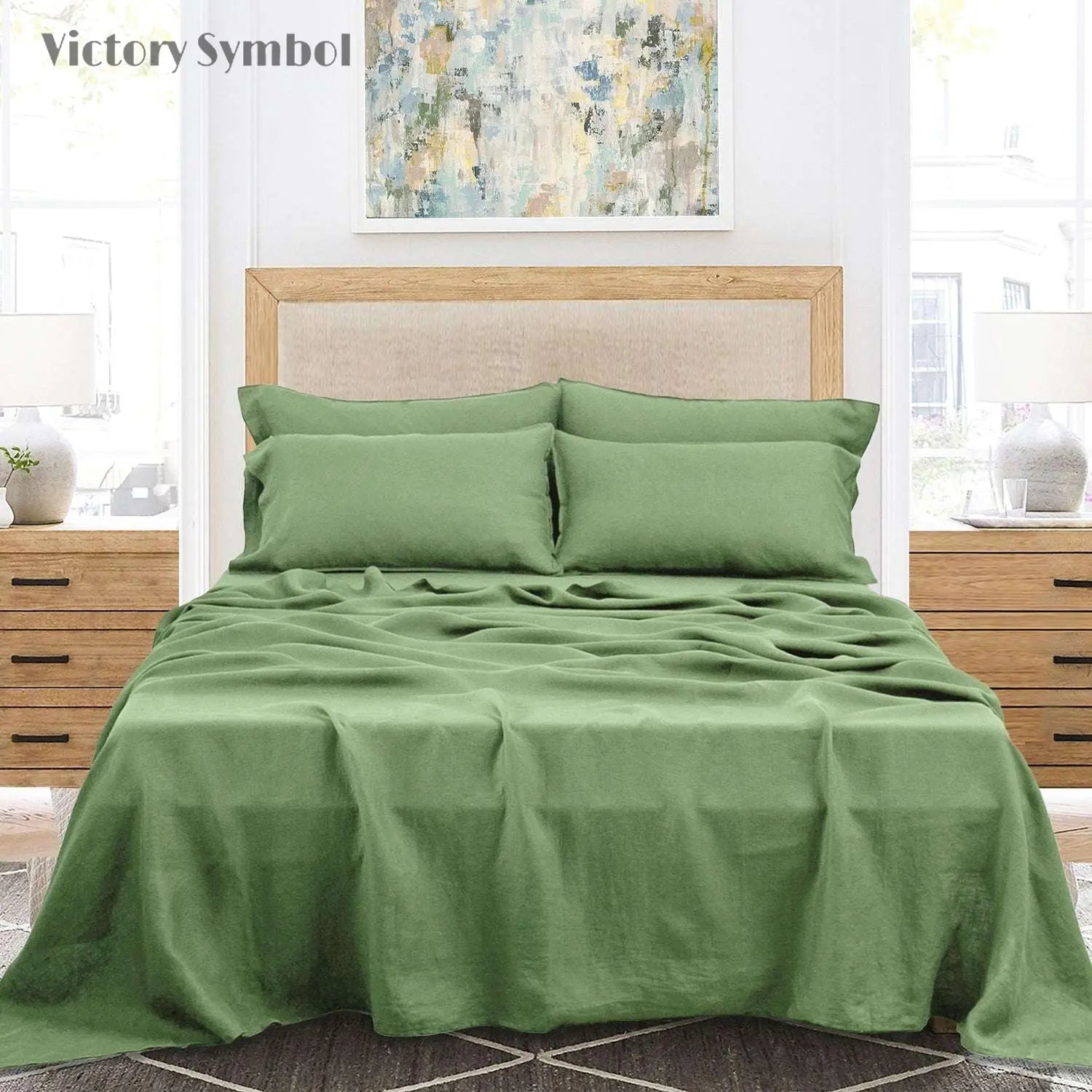 Forest Green 100% Organic Linen Sheets Set - Victory Symbol