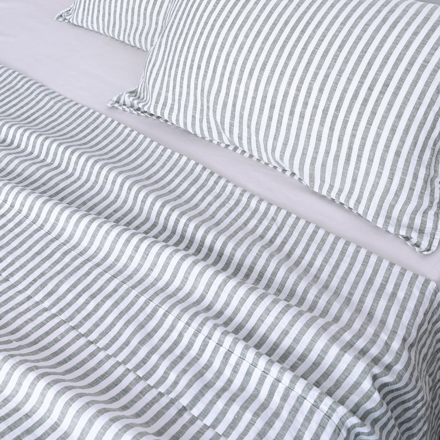 Forest Green Stripe 100% Organic Linen Yarn Dyed Flat Sheet.