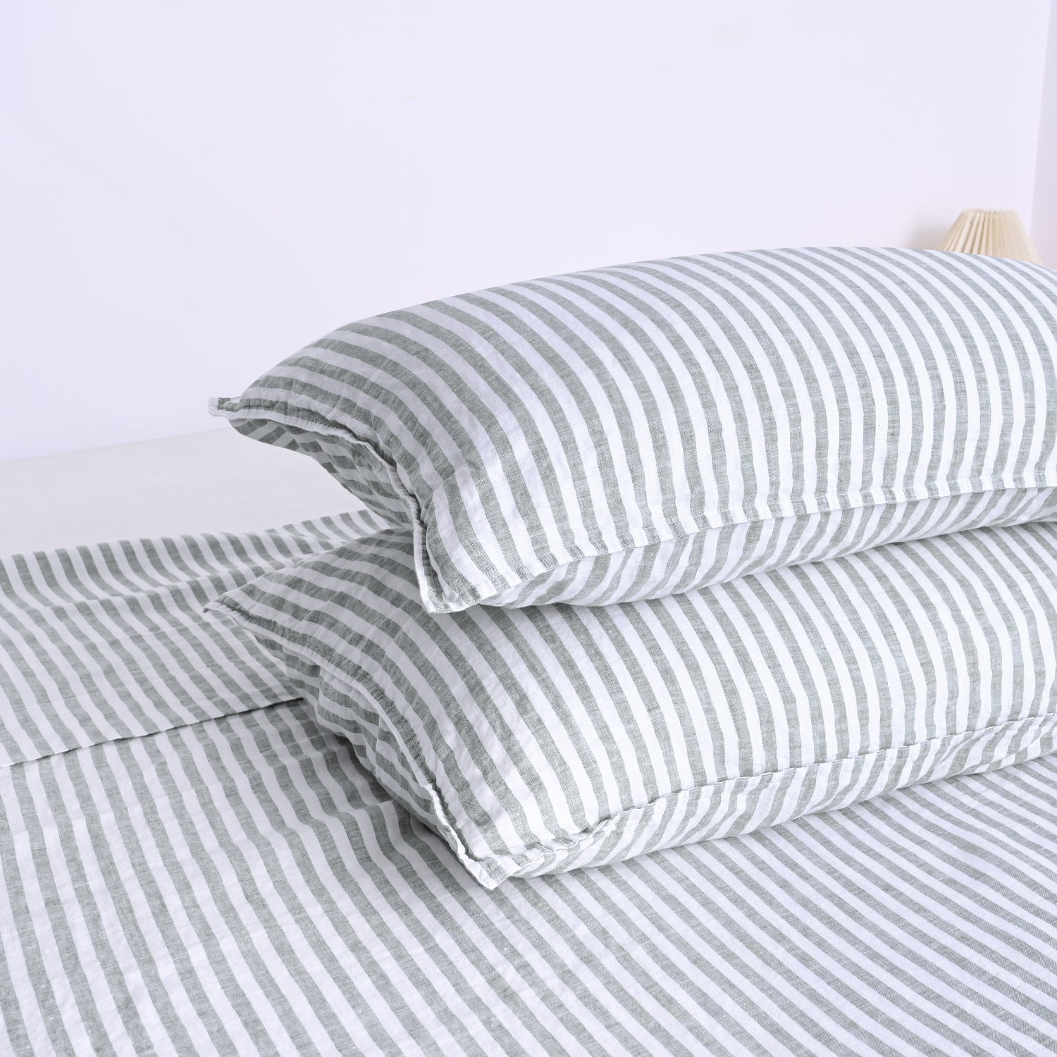 Forest Green Stripe 100% Organic Linen Yarn Dyed Pillowcases.