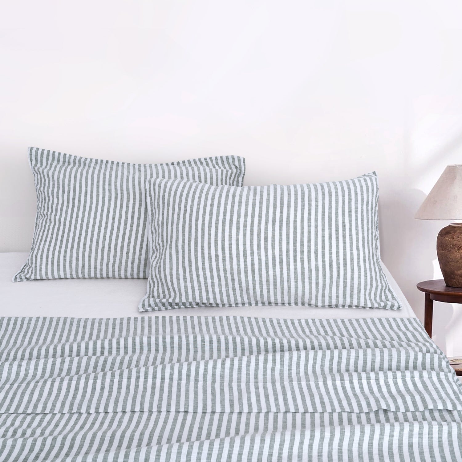 Forest Green Stripe 100% Organic Linen Yarn Dyed Pillowcases.