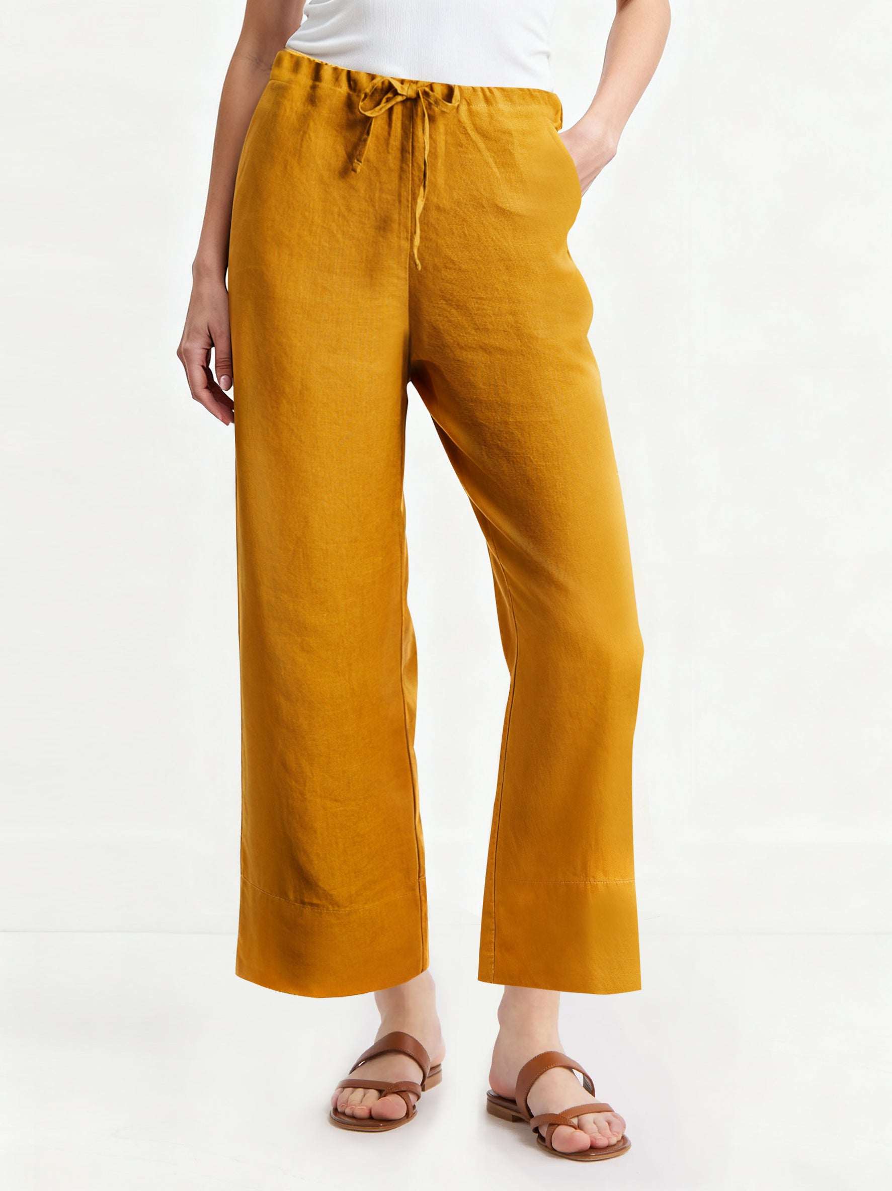 Ginger Yellow 100% Organic Linen Long Pants-Victory Symbol