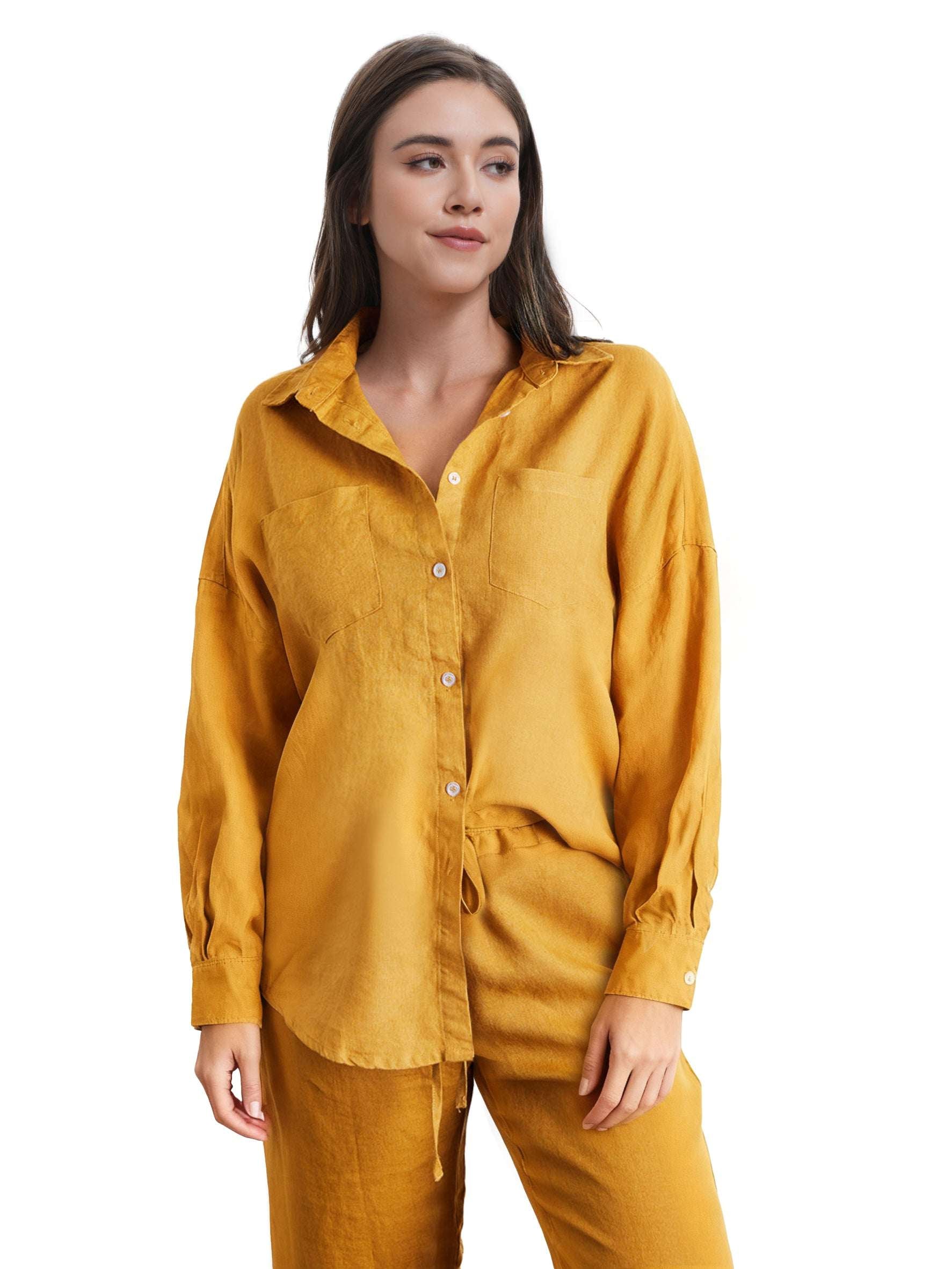 Ginger Yellow 100% Organic Linen Long Sleeve Shirt-Victory Symbol