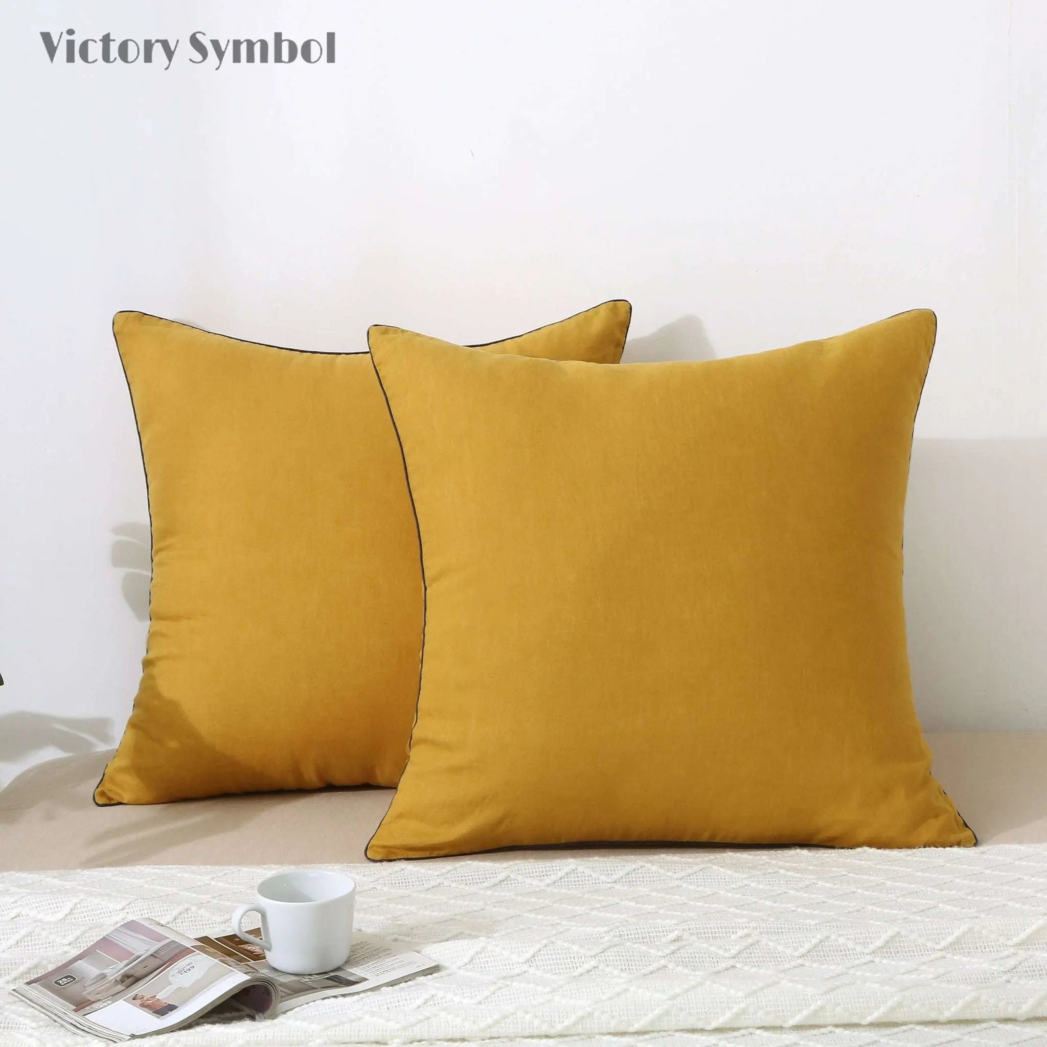 Ginger Yellow 100% Organic Linen Euro Pillowcases With Blue Edge - Victory Symbol