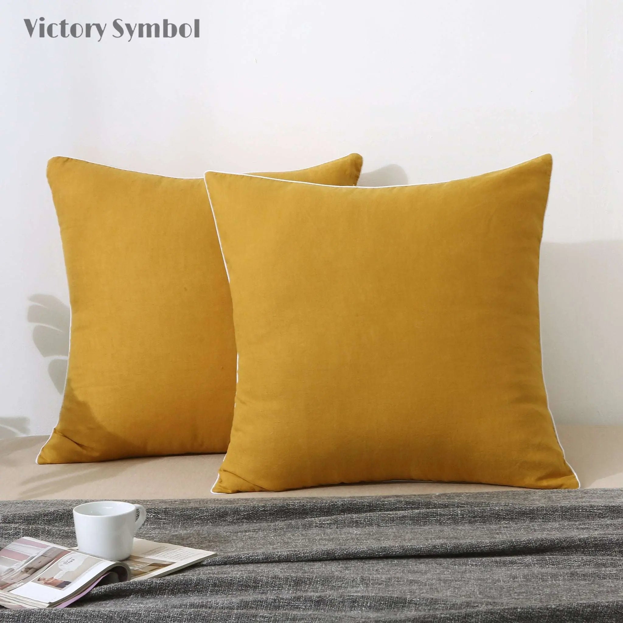 Ginger Yellow 100% Organic Linen Euro Pillowcases With White Edge - Victory Symbol