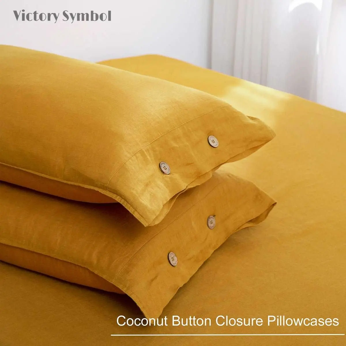 Ginger Yellow 100% Organic Linen Pillowcases With Coconut Button Closure - Victory Symbol