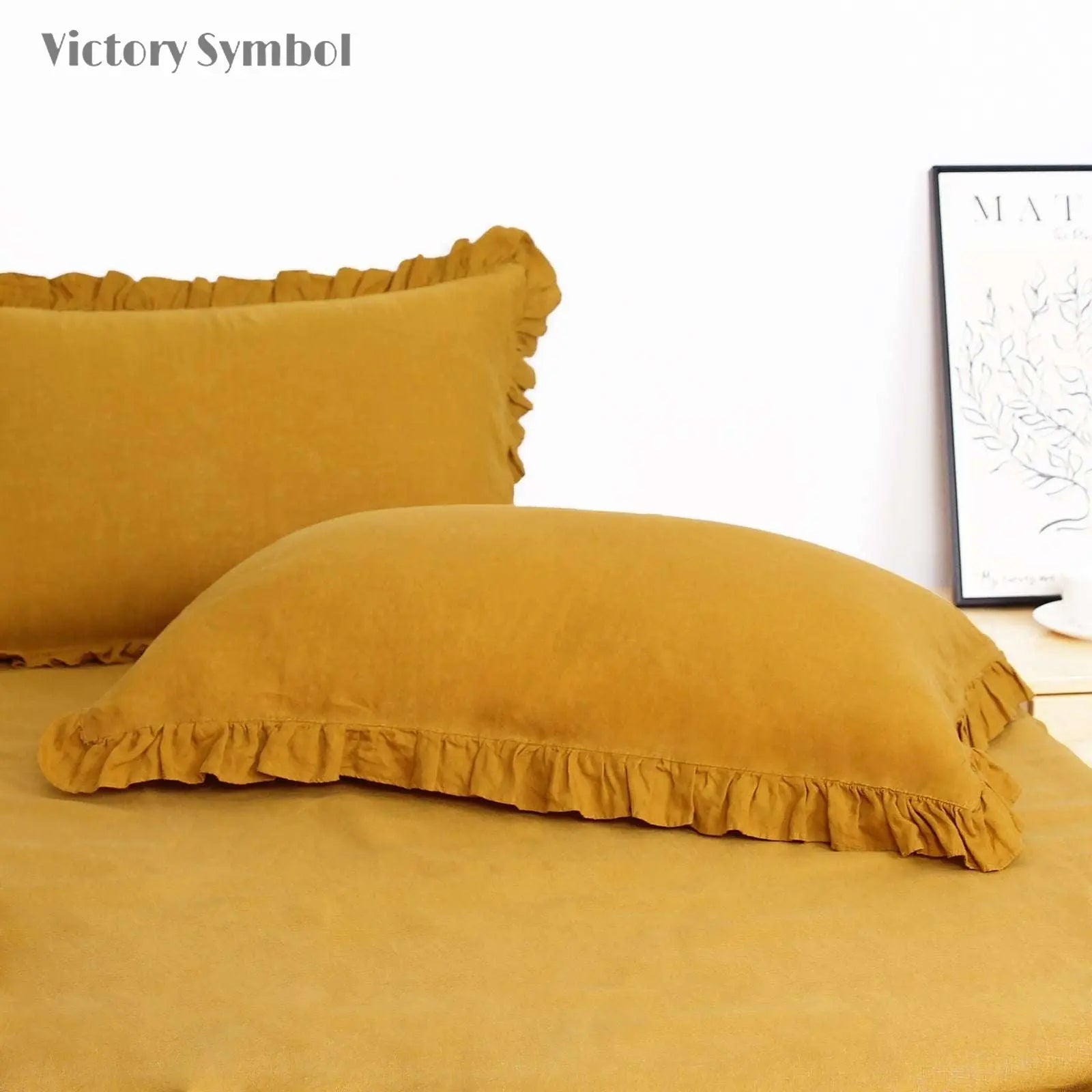 Ginger Yellow 100% Organic Linen Pillowcases with Ruffles - Victory Symbol