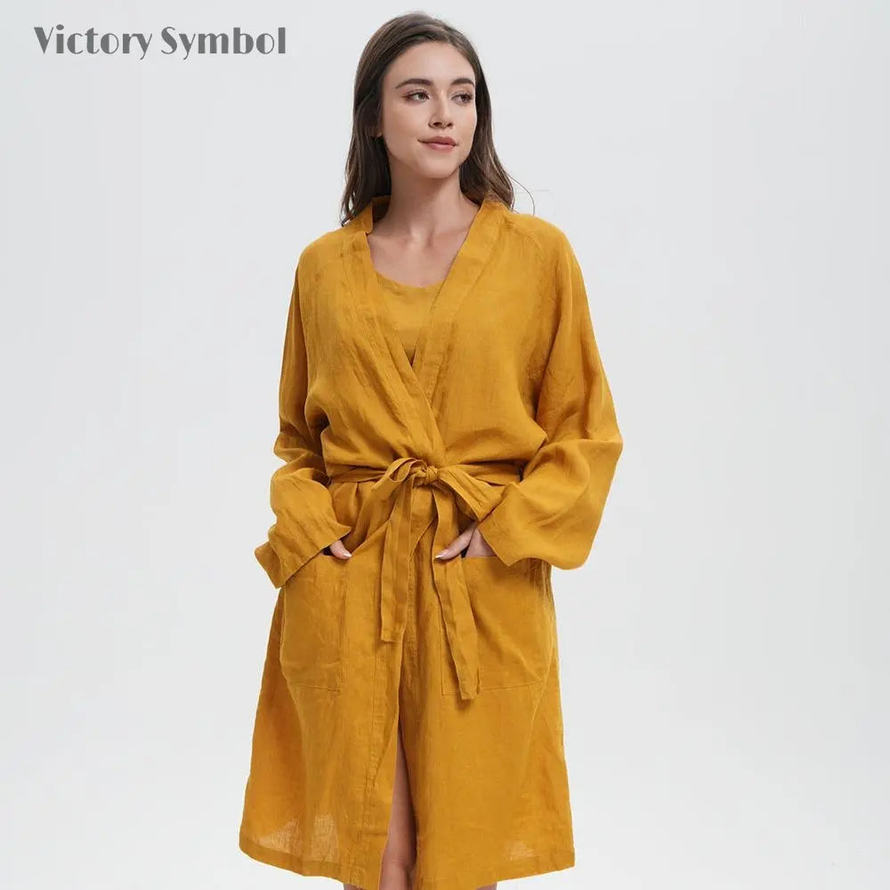 Ginger Yellow 100% Organic Linen Women's V - Neck Robes - Victory Symbol