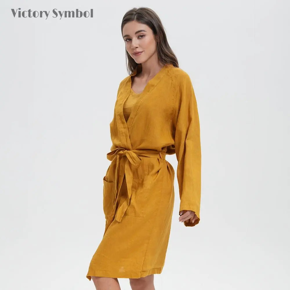 Ginger Yellow 100% Organic Linen Women's V - Neck Robes - Victory Symbol
