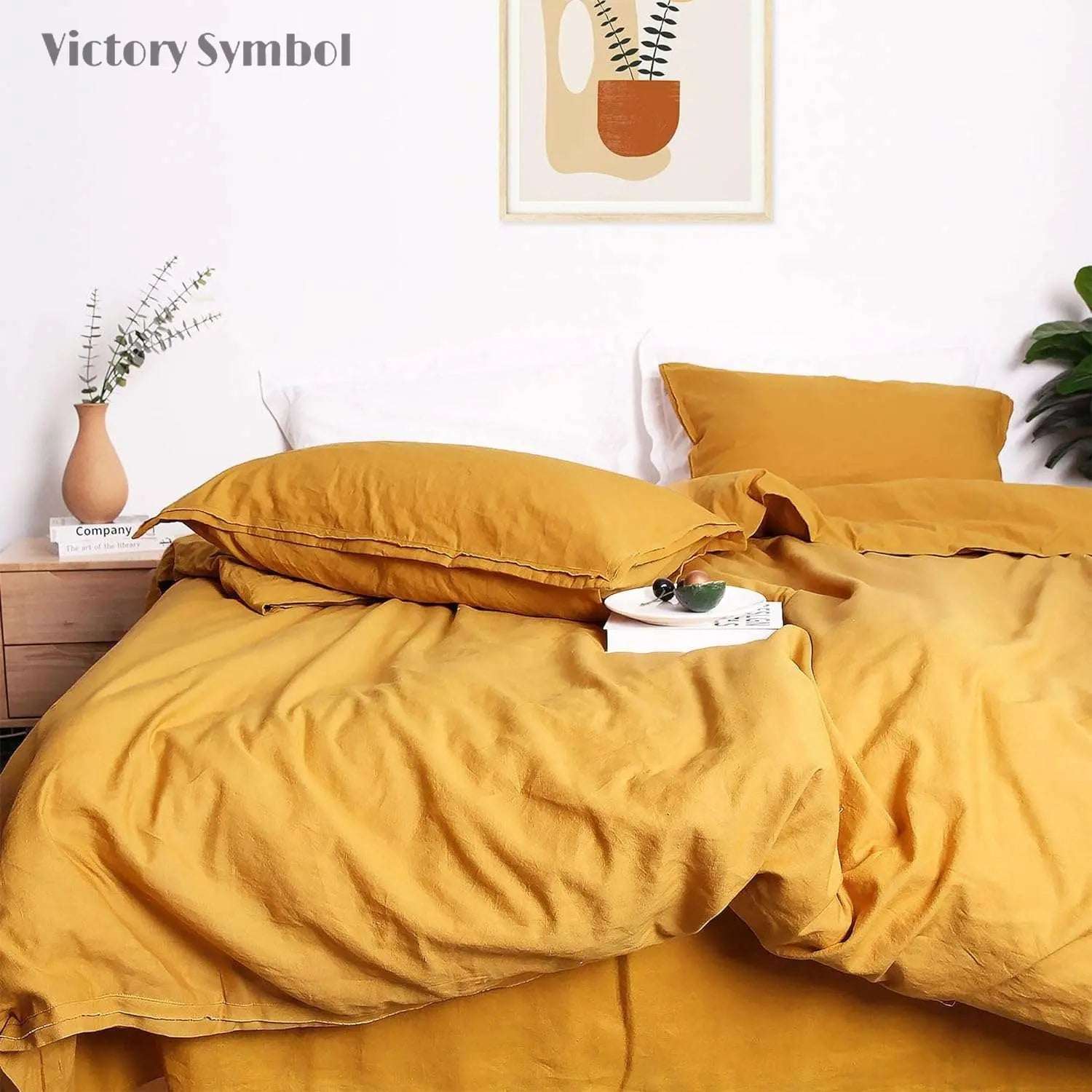 Ginger Yellow Cotton - Linen Mixed Weave Duvet Cover Set - Victory Symbol