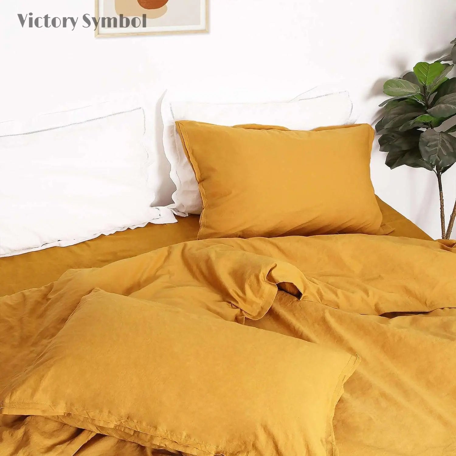 Ginger Yellow Cotton - Linen Mixed Weave Duvet Cover Set - Victory Symbol