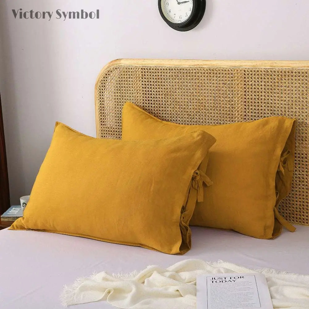 Ginger Yellow Ties Bow 100% Organic Linen Pillowcases - Victory Symbol