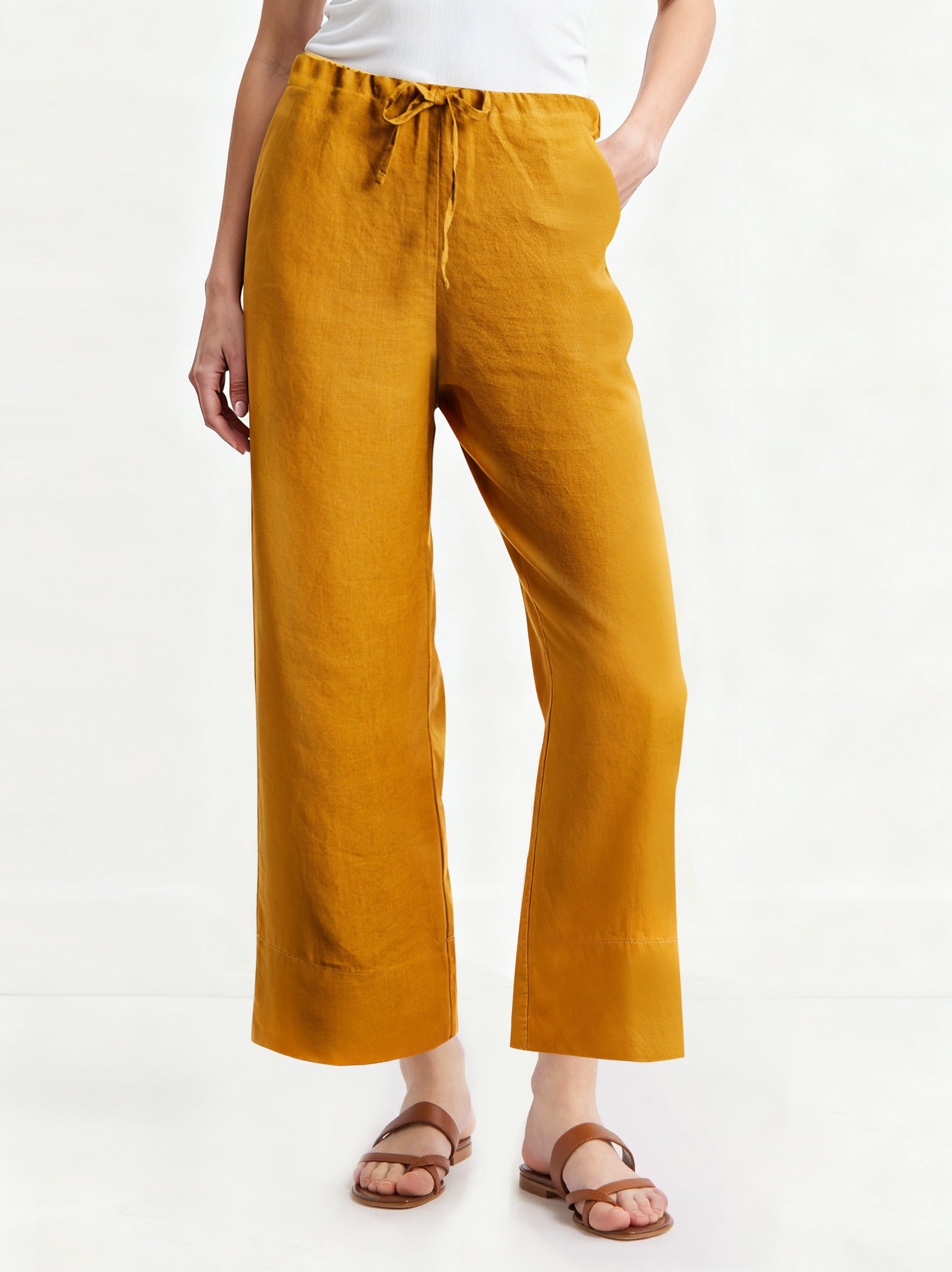 Ginger Yellow 100% Organic Linen Long Pants-Victory Symbol