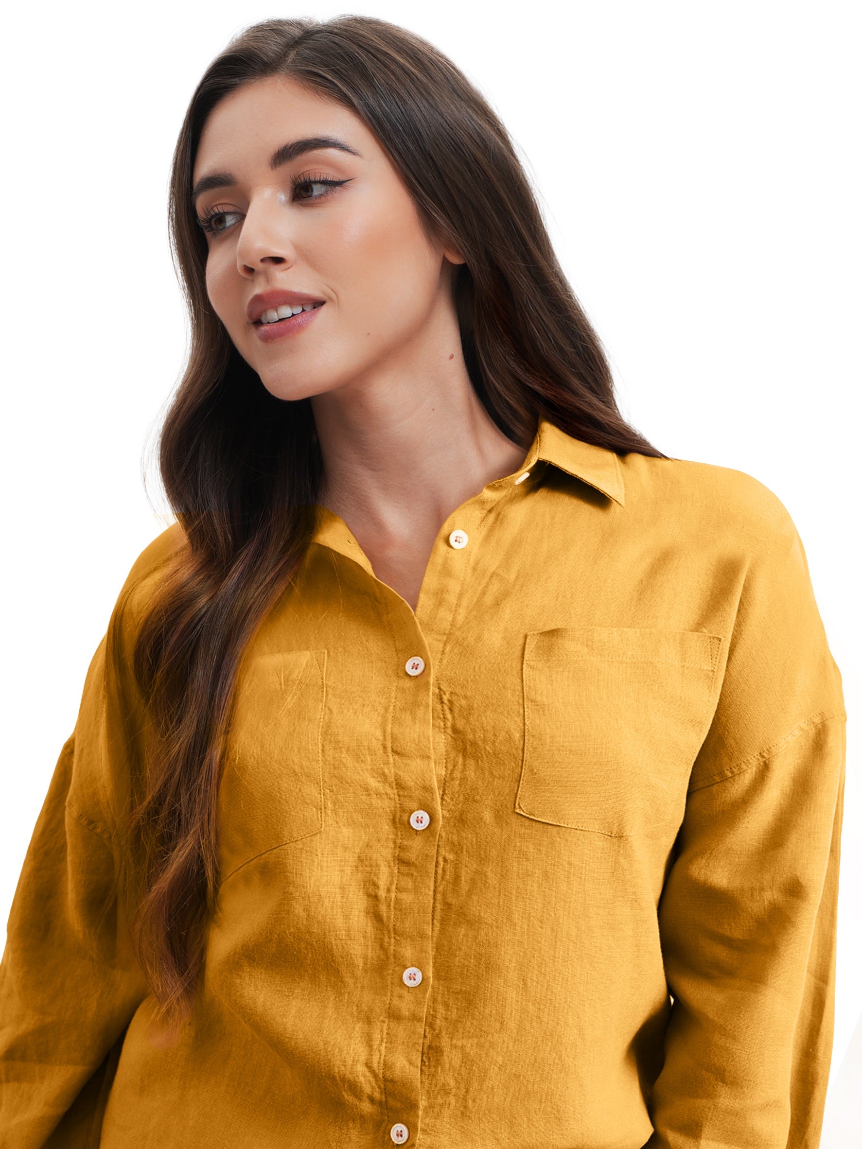 Ginger Yellow 100% Organic Linen Long Sleeve Shirt-Victory Symbol