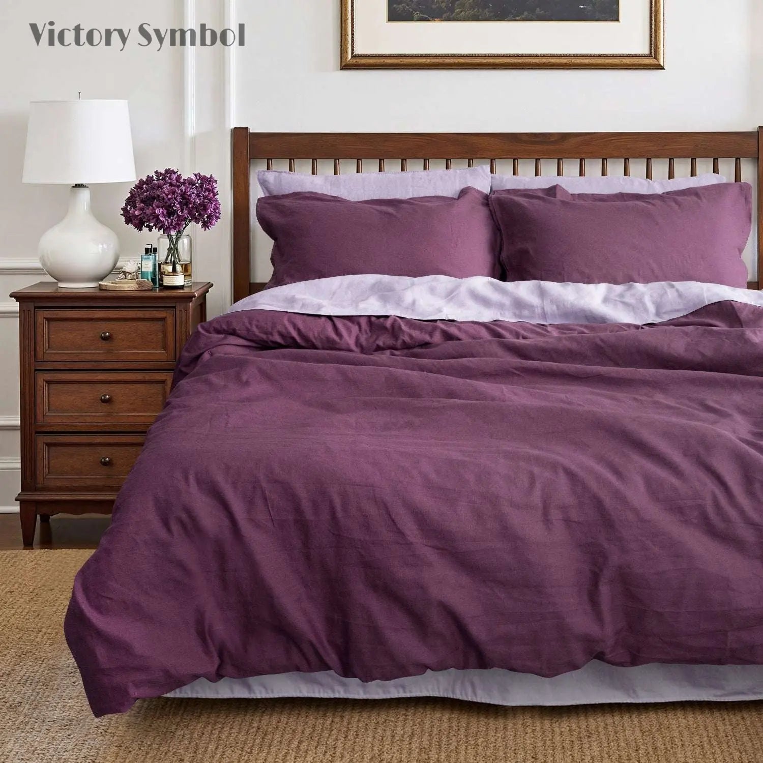 Grape Purple Cotton - Linen Mixed Weave Duvet Cover Set - Victory Symbol