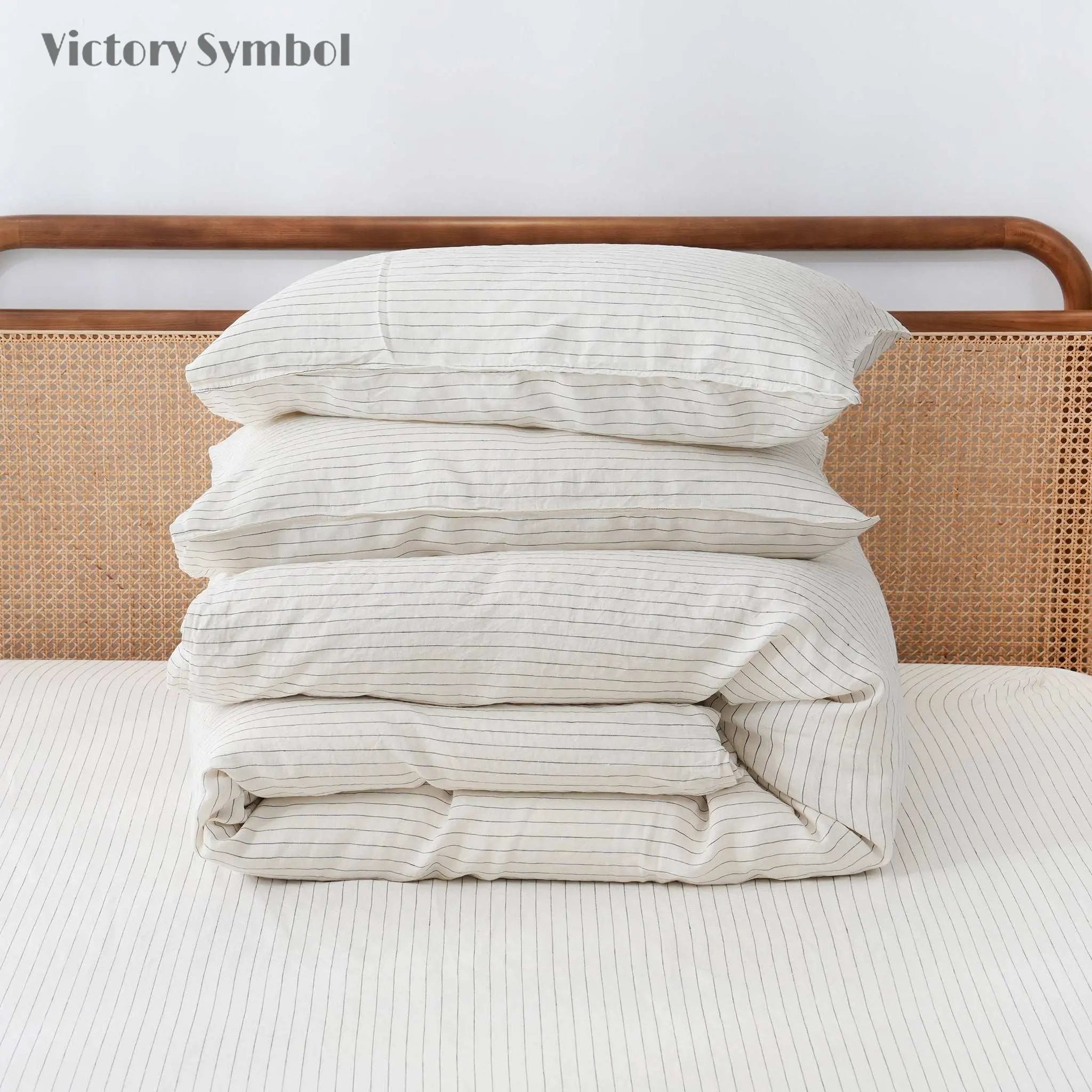 Green Pinstripe 100% Organic Linen Yarn Dyed Duvet Cover Set - Victory Symbol