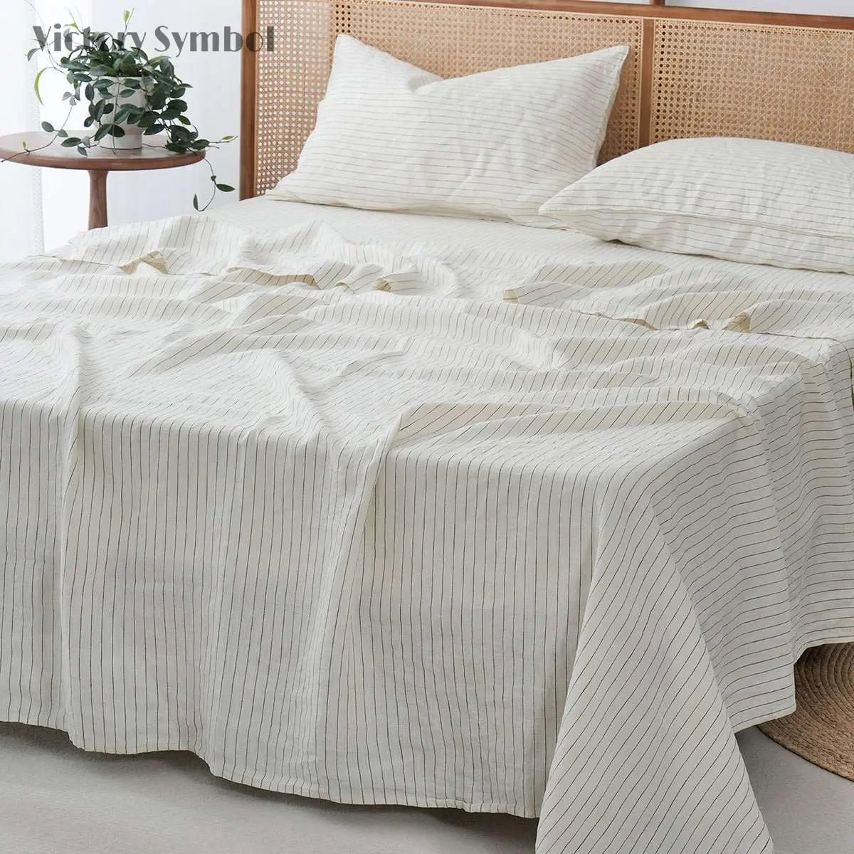 Green Pinstripe 100% Organic Linen Yarn Dyed Flat Sheet - Victory Symbol