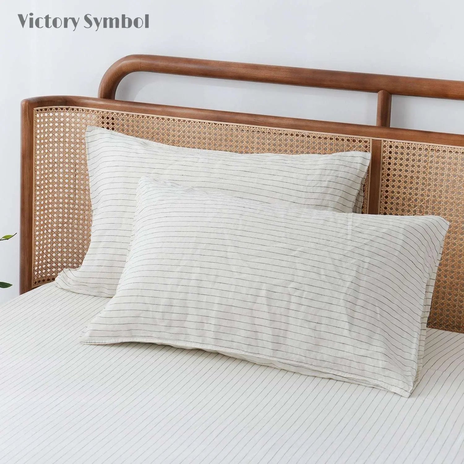Green Pinstripe 100% Organic Linen Yarn Dyed Pillowcases - Victory Symbol