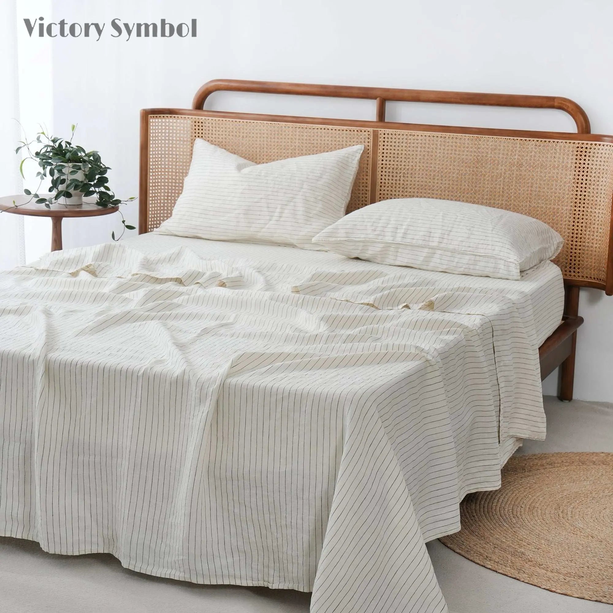 Green Pinstripe 100% Organic Linen Yarn Dyed Sheets Set - Victory Symbol