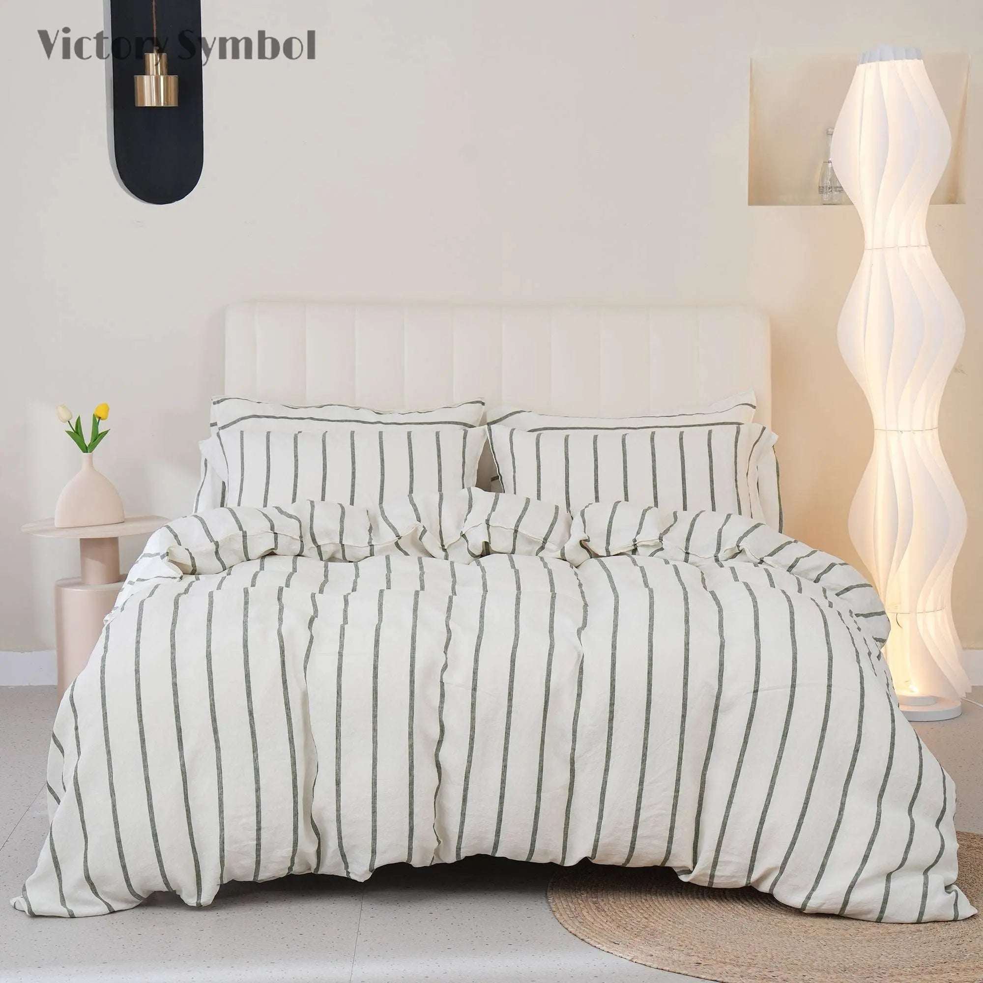 Green Vertical Stripe 100% Organic Linen Yarn Dyed Duvet Cover(Only 1 Piece) - Victory Symbol